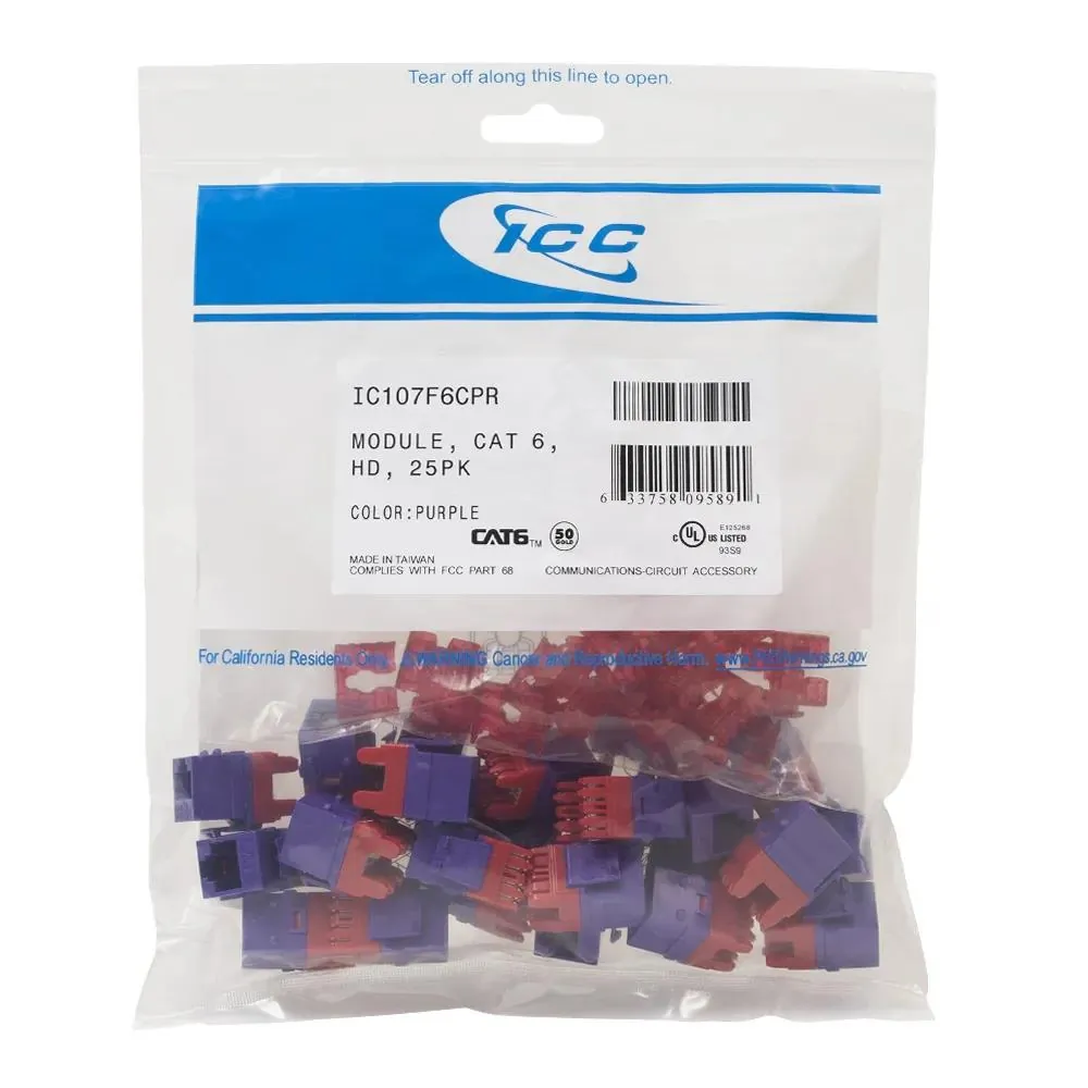Cablesys ICC-IC107F6CPR - 25-Pack Purple CAT 6 High-Density Connectors