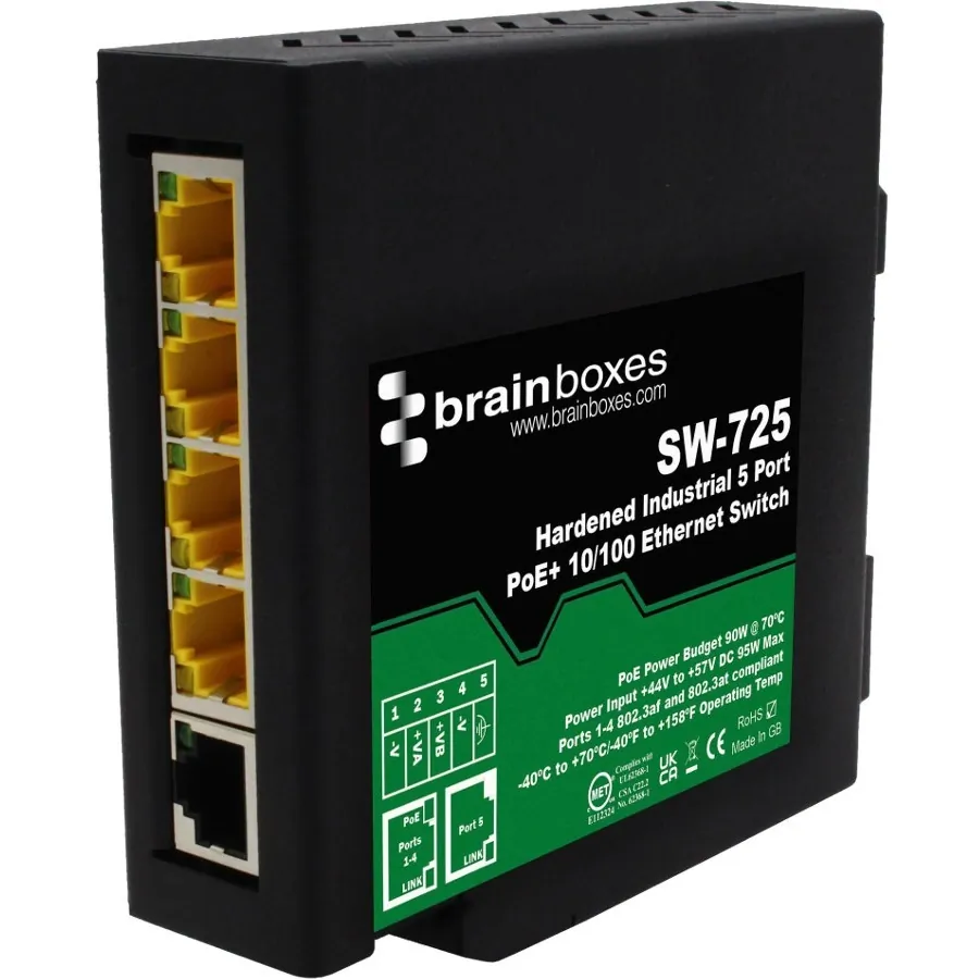 BRAINBOXES SW-725 — HARDENED INDUSTRIAL 5 PORT POE 10/100 FAST ETHERNET SWITCH -40F TO +158F