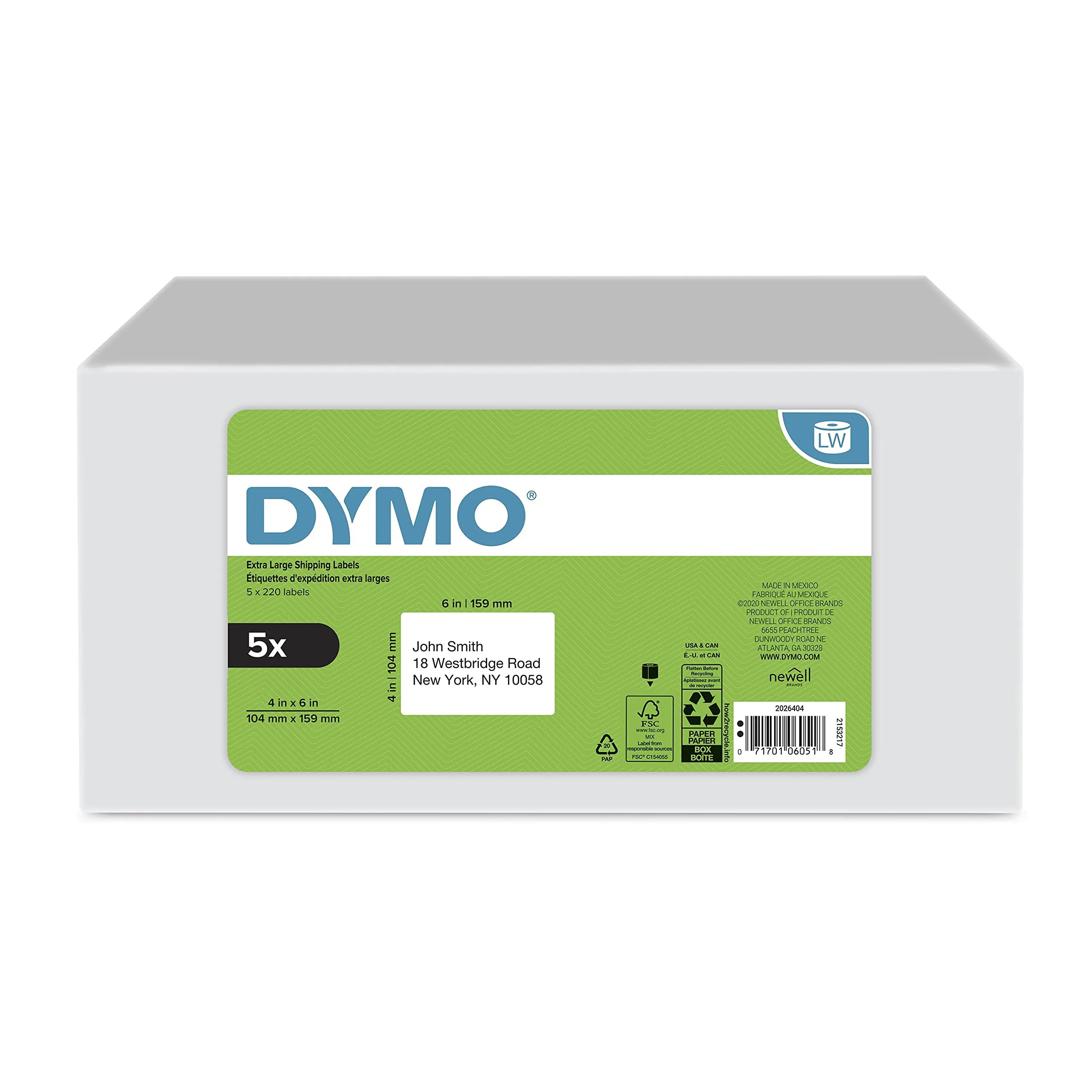 DYMO 2026404 — 5 PK 4XL SHIPPING LABELS 4INX6IN 220/ROL (1744907)