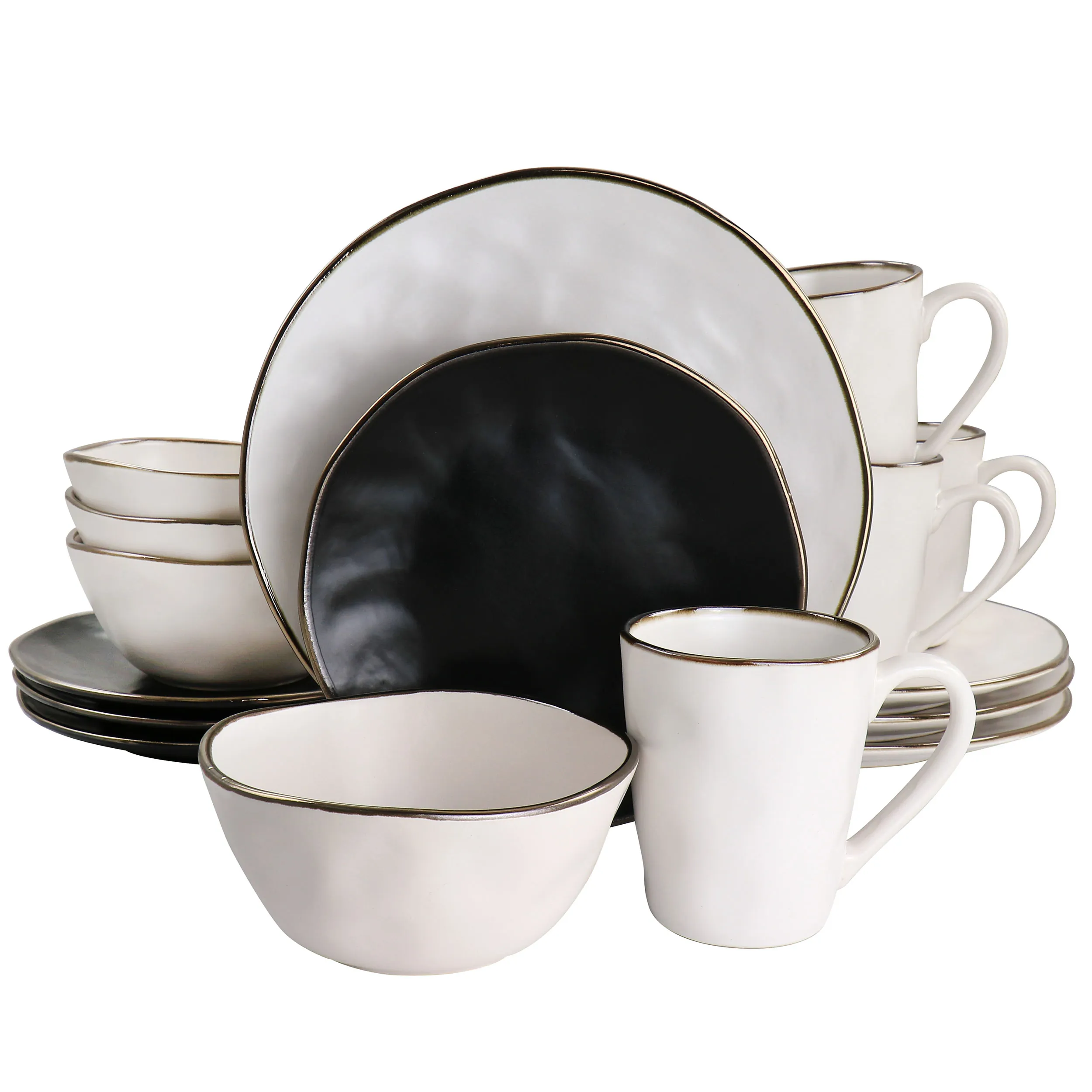 ELAMA ELM-ROMAN16 — Elama Roman 16 Piece Stoneware Dinnerware Set in Assorted Matte with Gold Rim