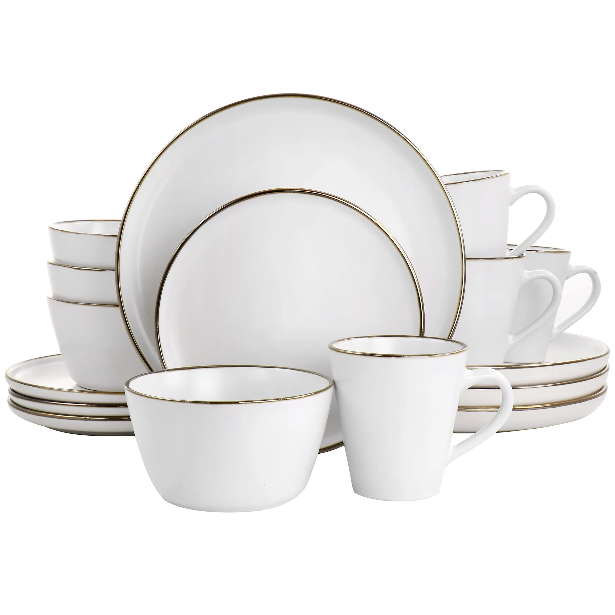 ELAMA ELM-ARTHUR16 — Elama Arthur 16 Piece Stoneware Dinnerware Set in Matte White with Gold Rim