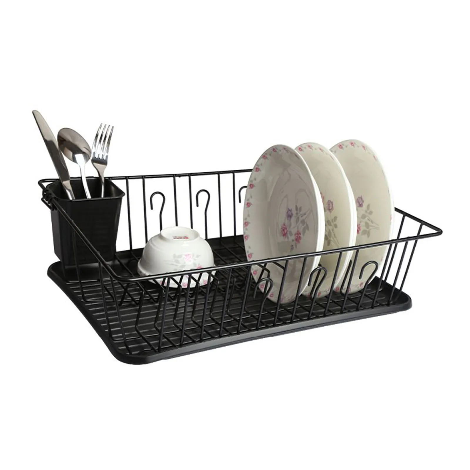 MegaChef DR-104 — MegaChef 17.5 Inch Black Dish Rack with 14 Plate Positioners and a Detachable Utensil Holder