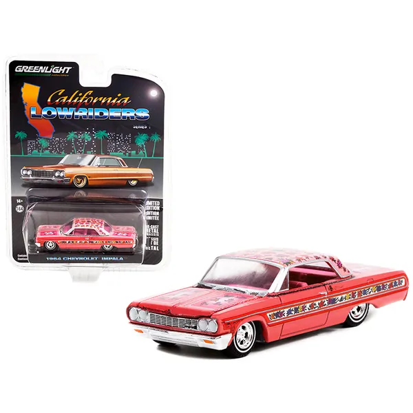 Greenlight 63010A — 1964 Chevrolet Impala Lowrider Pink Metallic with Rose Graphics and Pink Interior "California Lowriders" Release 1 1/64 Diecast Model Car by Greenlight