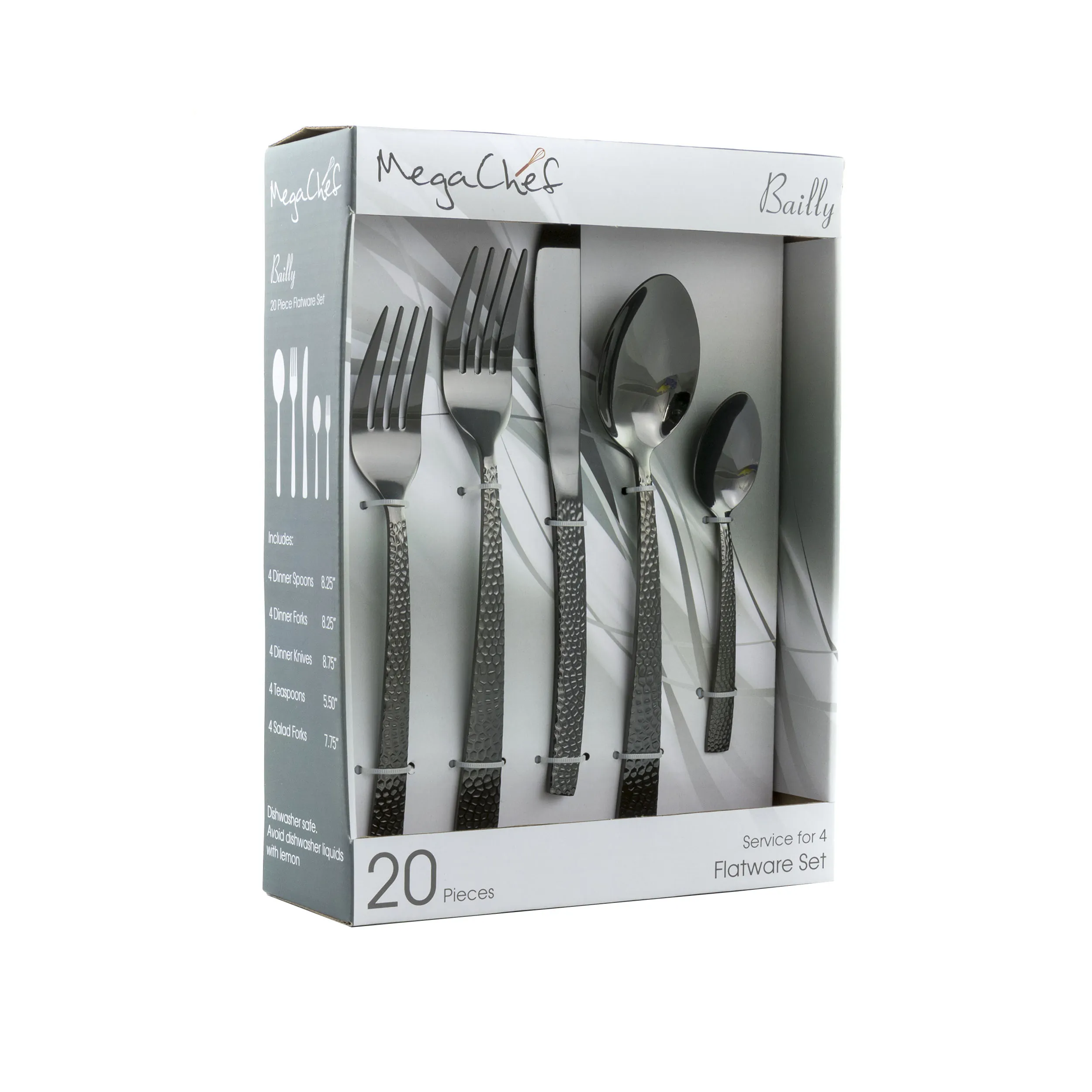 MegaChef MCFW-BAILY-BLACK — MegaChef Baily 20 Piece Flatware Utensil Set, Stainless Steel Silverware Metal Service for 4 in Black