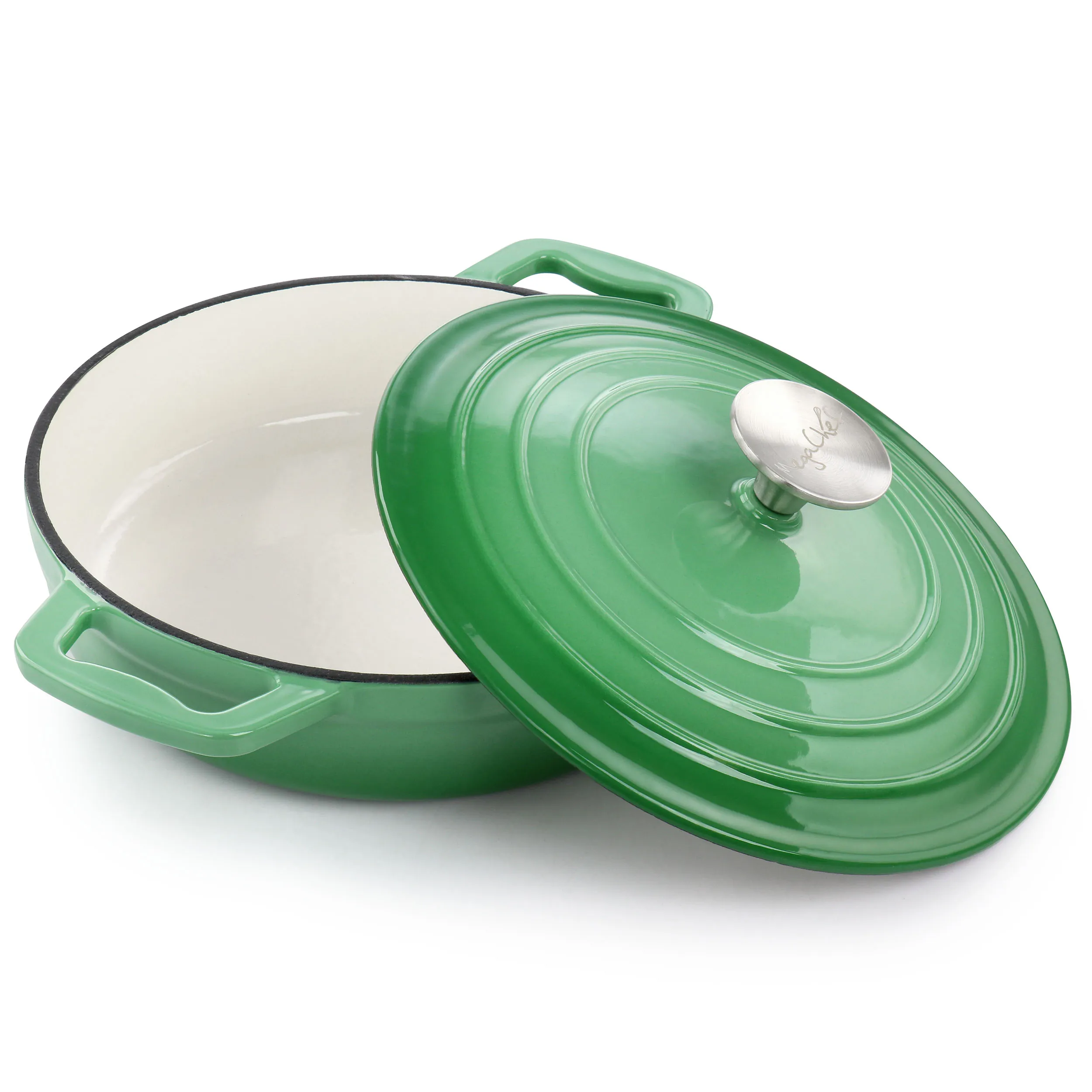 MegaChef MG-BRS22G — MegaChef 2 Quart Round Enameled Cast Iron Braiser Pan in Green