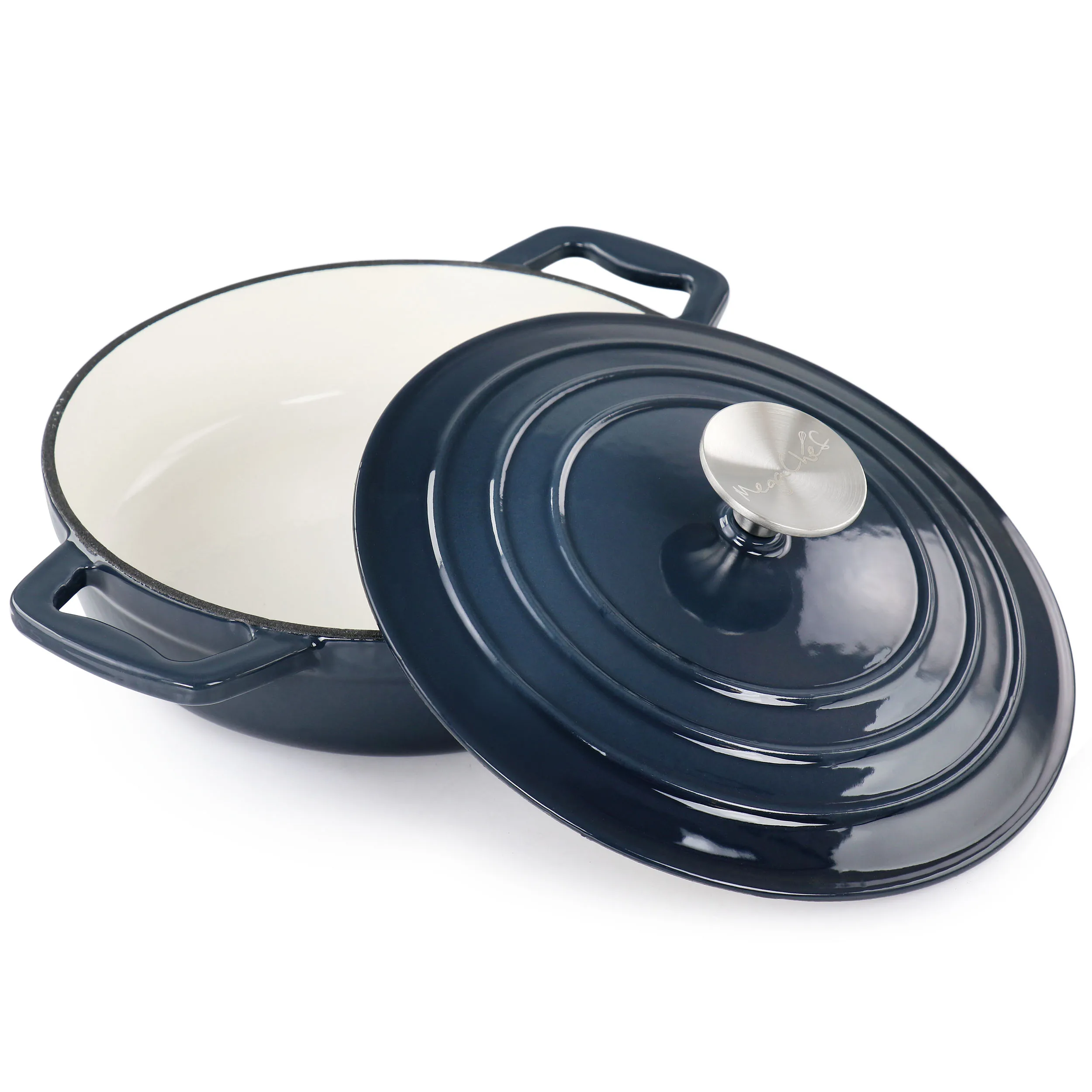 MegaChef MG-BRS22DB — MegaChef 2 Quart Round Enameled Cast Iron Braiser Pan in Dark Blue