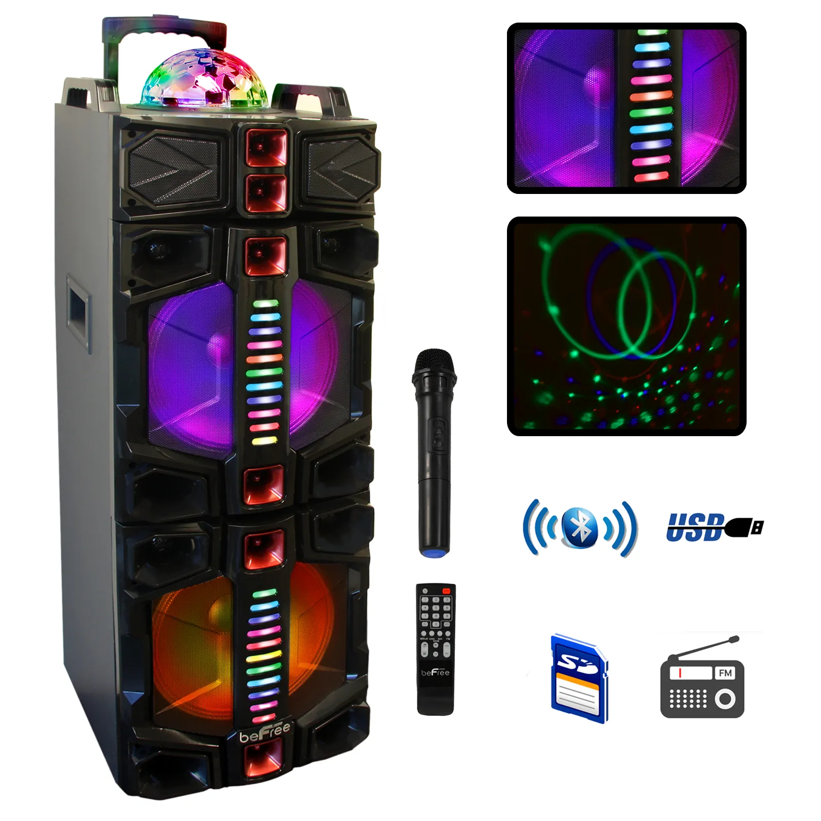 BeFree BFS-9160-RB — beFree Sound Rechargeable Bluetooth 12inch Double Subwoofer Portable Party Speaker with Dual Layer Reactive Party Lights, USB, SD and AUX Inputs with FM Radio