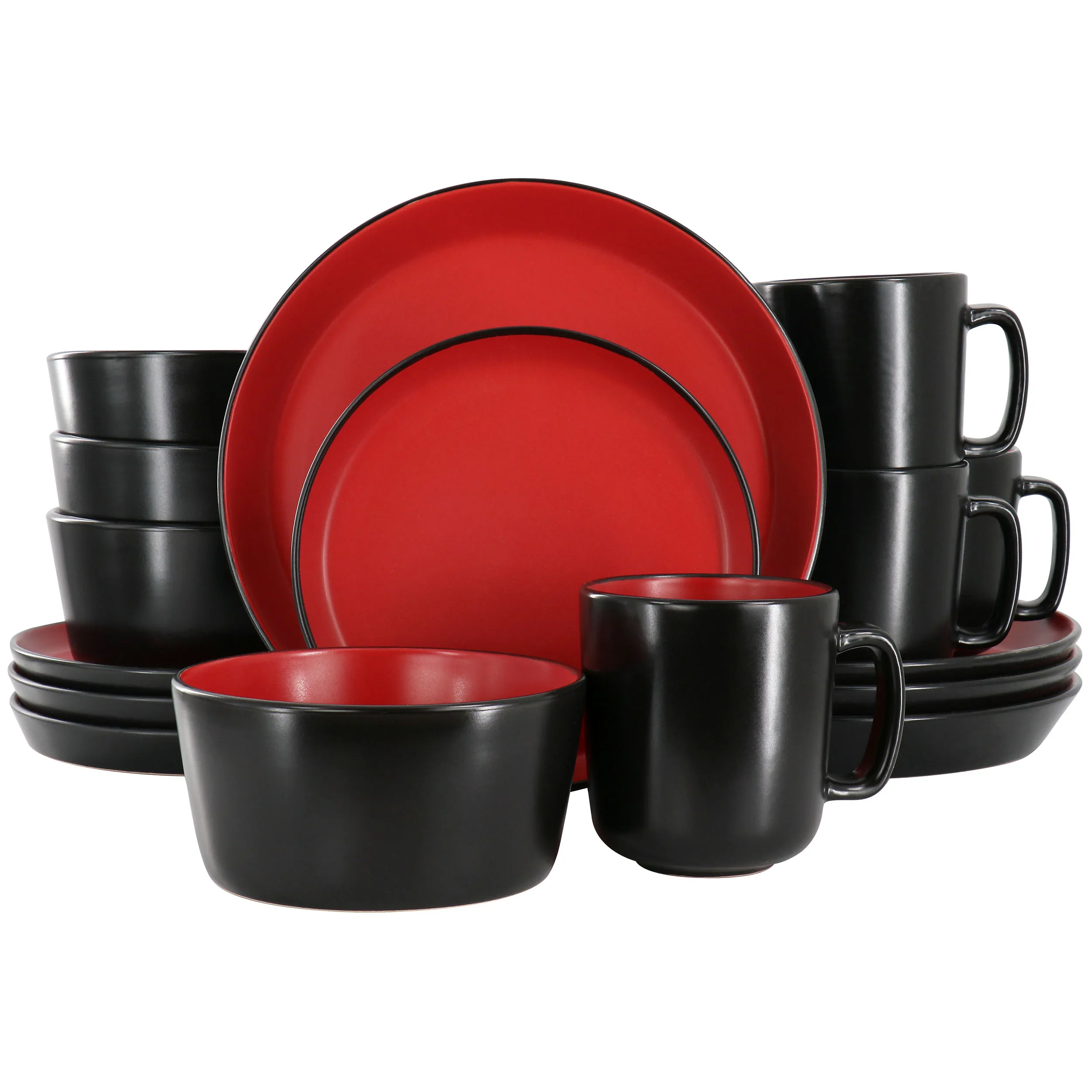 ELAMA ELM-BACARRA-R — Elama Bacarra 16 Piece Stoneware Dinnerware Set in Two Tone Black and Red