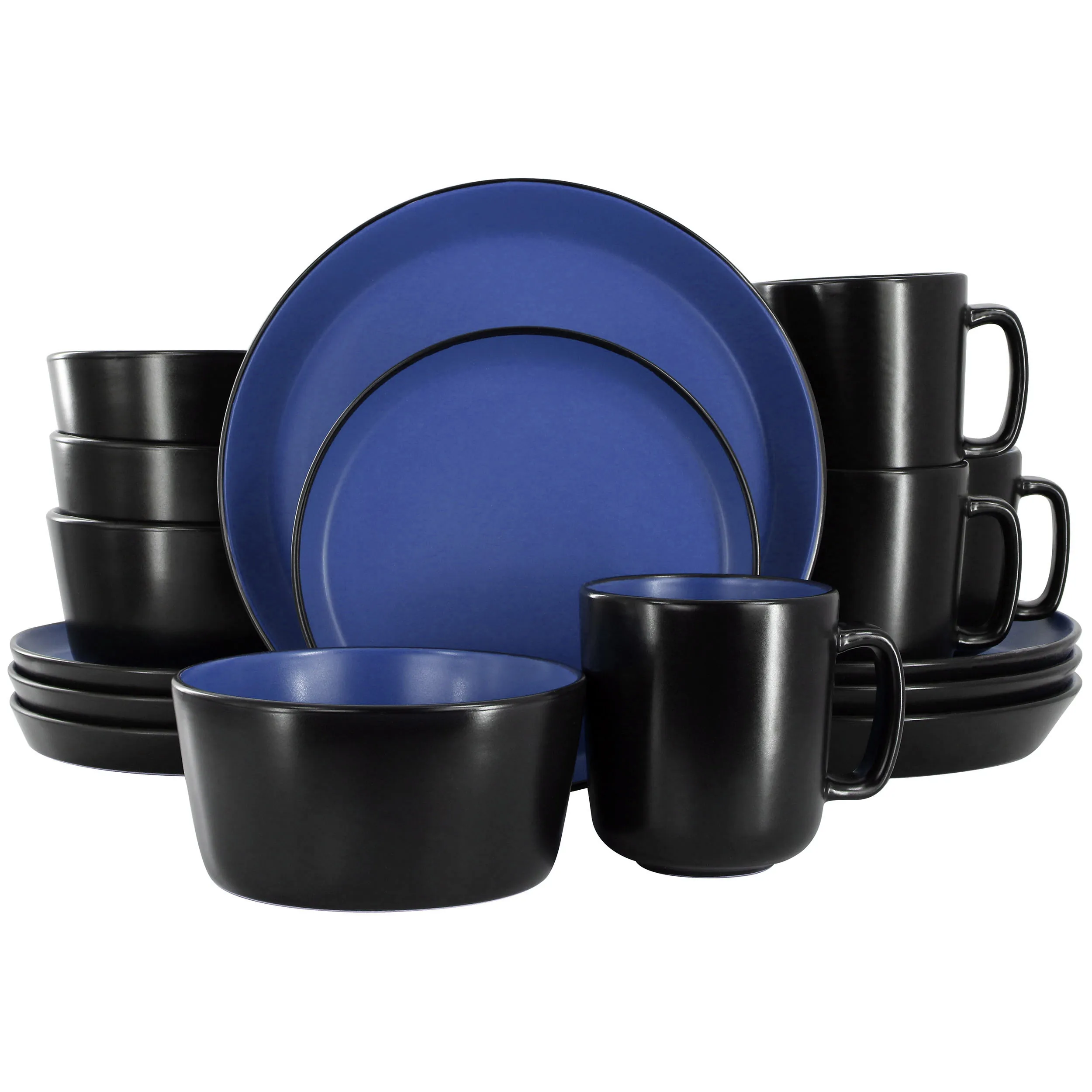 ELAMA ELM-BACARRA-B — Elama Bacarra 16 Piece Stoneware Dinnerware Set in Two Tone Black and Blue