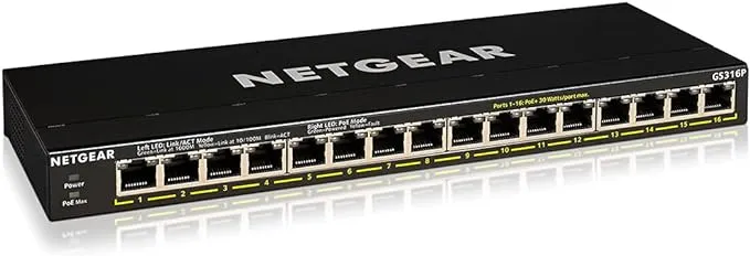 NETGEAR GS316P-100NAS — SWITCH - GS316P - DESKTOP - WIRED - 1GBPS - NETWORKING / PORTS QTY: 16 - GIGABIT