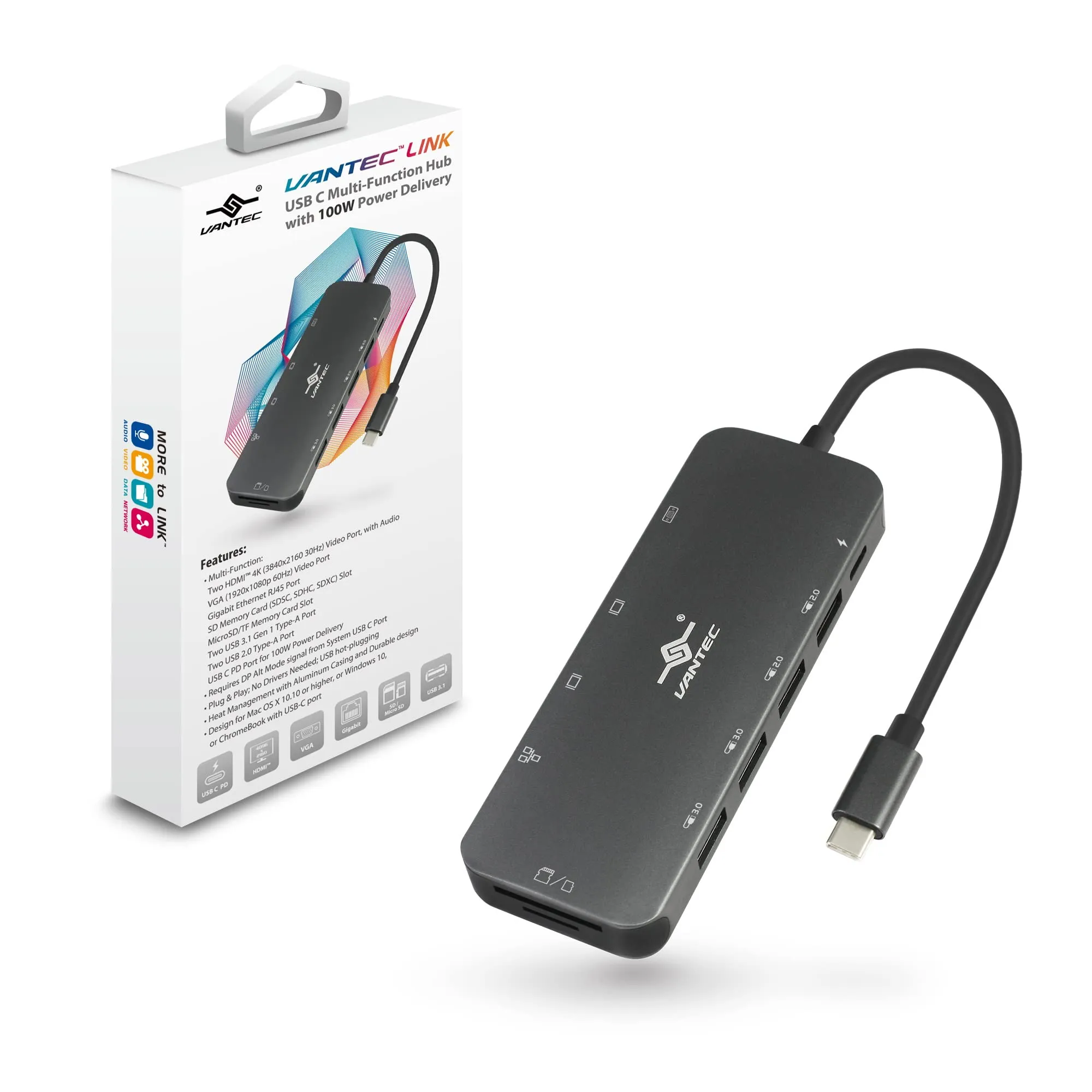 VANTEC CB-CU302MDSH - Vantec 100W USB-C Multi-Function Hub with Power Delivery