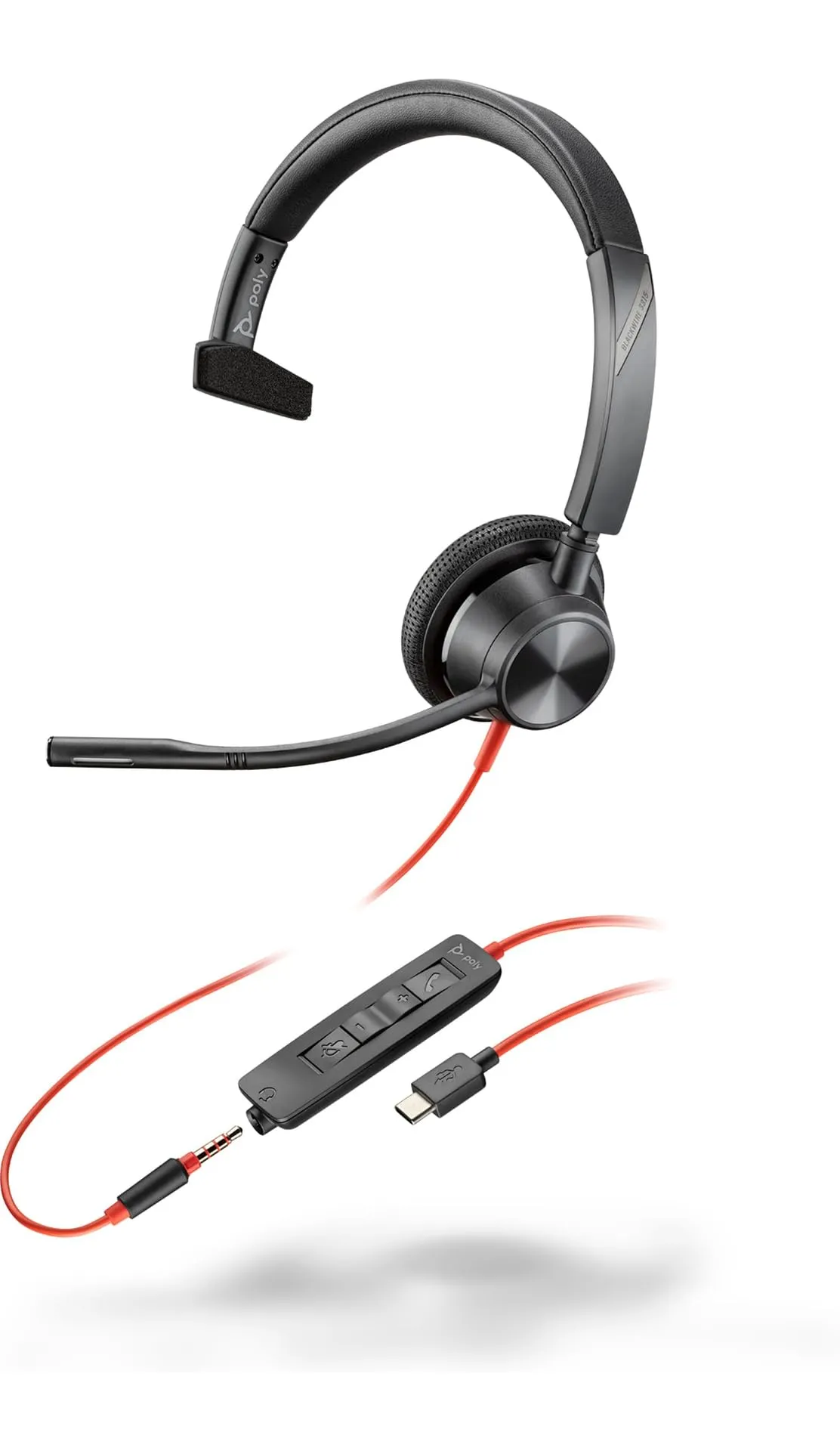 HP 8X217AA — POLY BLACKWIRE 3315 MONAURAL USB-C HEADSET +3.5MM PLUG +USB-C/A ADAPTER