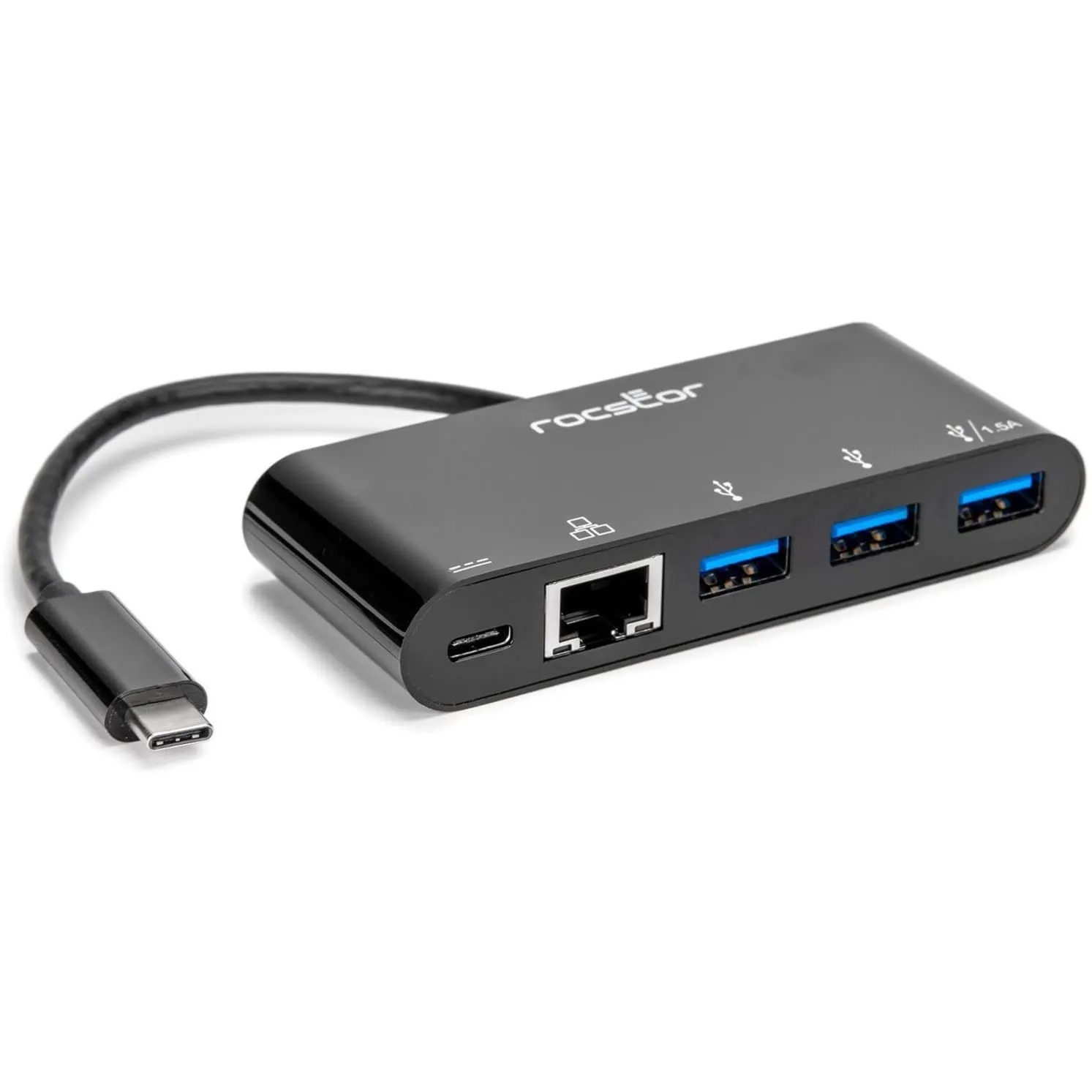 ROCSTOR Y10A262-B1 — ROCSTOR PREMIUM USB-C TO ETHERNET ADAPTER WITH 3-PORT USB 3.0 HUB AND POWER DELI
