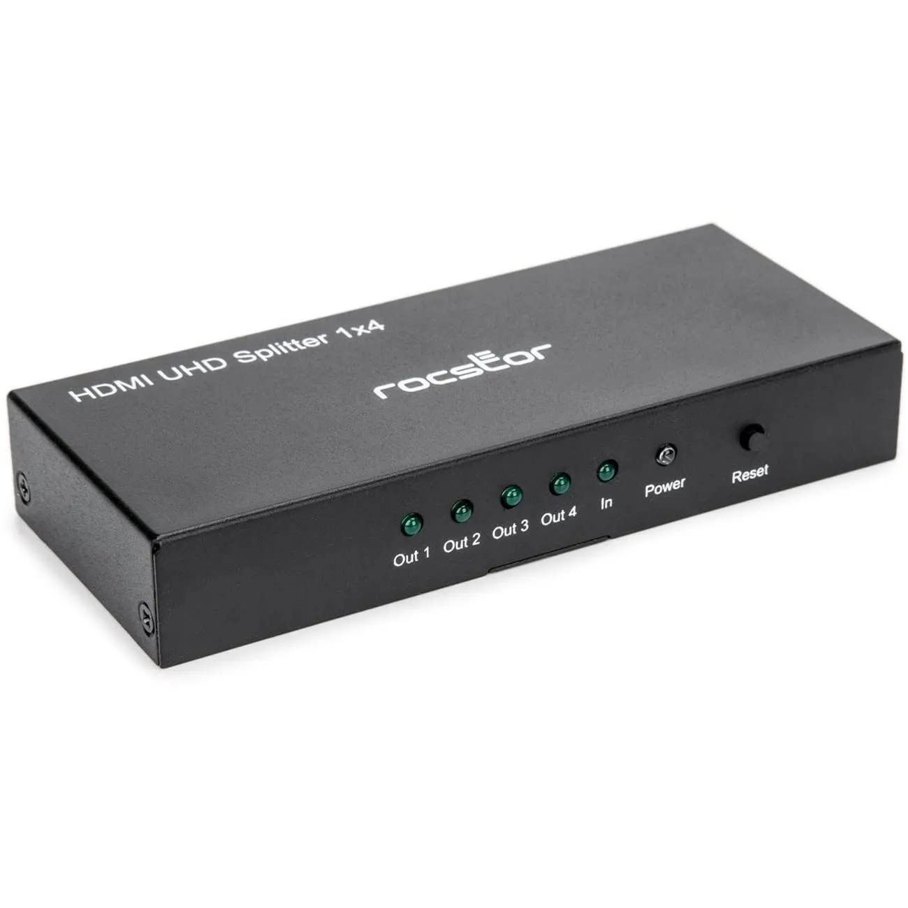 ROCSTOR Y10C294-B1 — PREMIUM 4 PORT HDMI SPLITTER 4K 60HZ SUPPORTS UHD 4K AT 60HZ AND HDR 5V 1A POWER