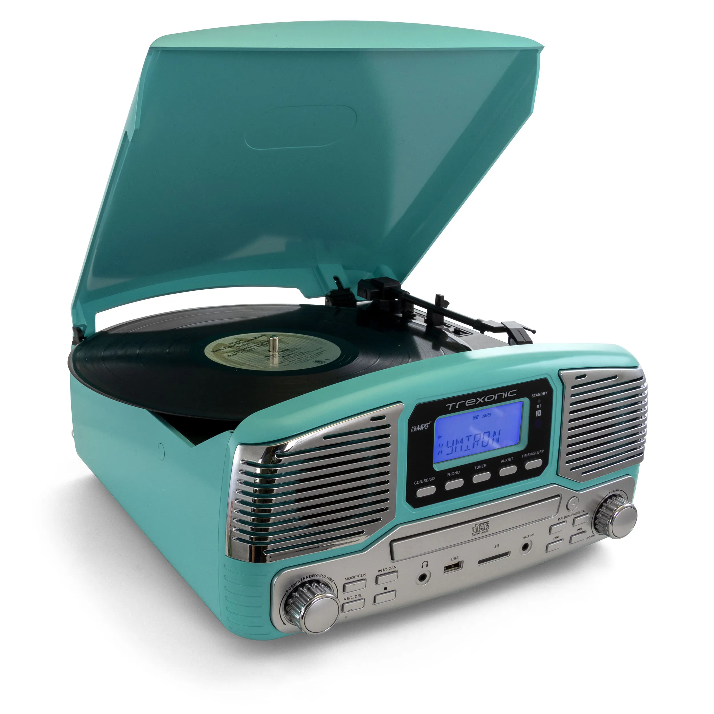 Trexonic TRX-16TRQ — Trexonic Retro Wireless Bluetooth, Record and CD Player in Turquoise