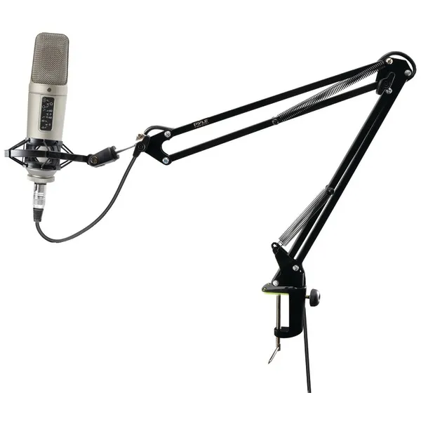 PYLE PEPYLPMKSH01 — Pyle Suspension Microphone Boom Stand, Simple Clamp-Style Installation, Desktop Scissor Spring Arm Mic Stand w/ Shock Mount, Quick Setup & attached, Maximum Mic Arm Extension Dst= 2.26' ft.(PMKSH01)