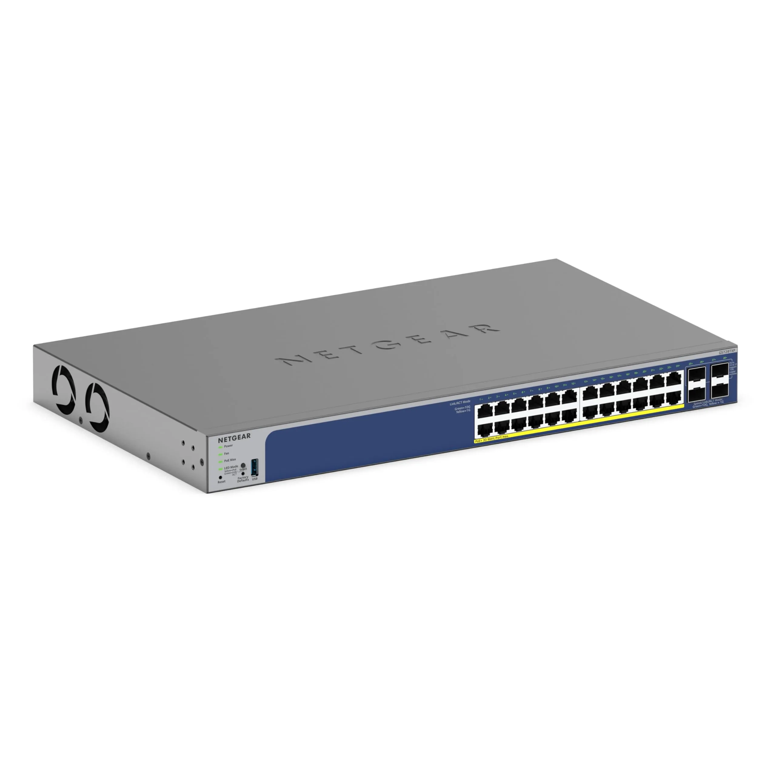 NETGEAR GS728TXP-300NAS — 28-PORT POE GIGABIT/10G STACKABLE SMART SWITCH - MANAGED, 24 X POE+ 195W, 2 X 10