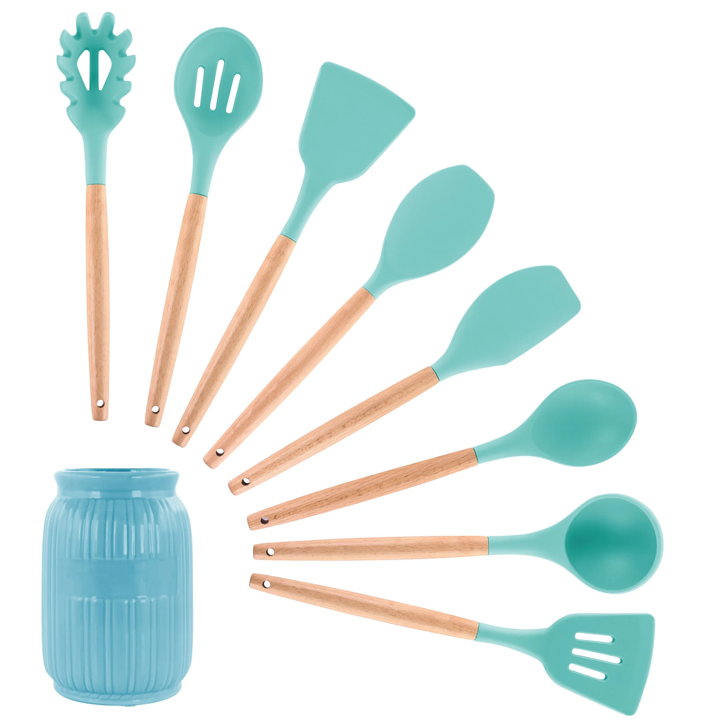 MegaChef MGSP-465 — MegaChef Light Teal Silicone and Wood Cooking Utensils, Set of 9