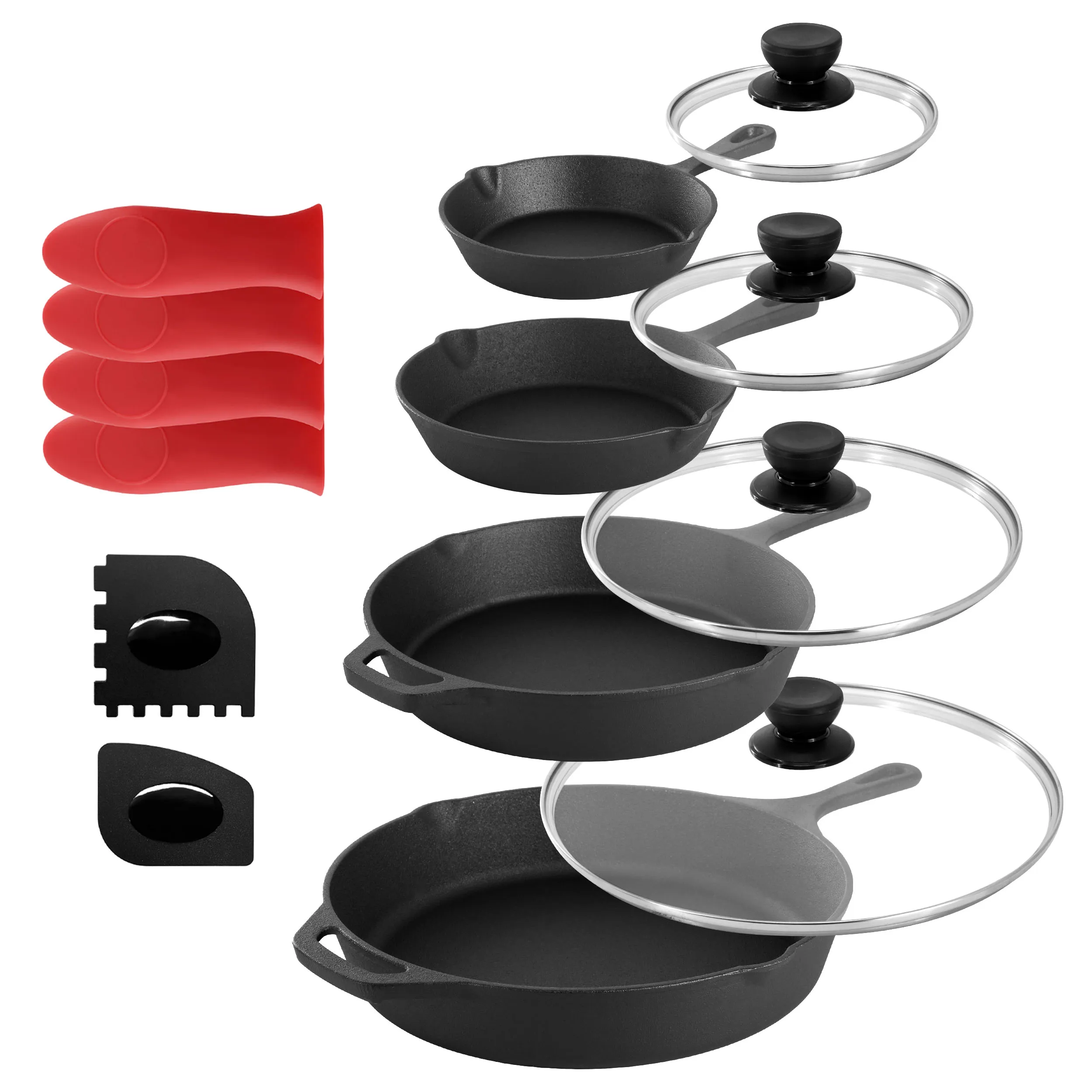 MegaChef MCCI-7400 — MegaChef 13 Piece Cast Iron Skillet Set with Tempered Glass Lids and Silicone Holders