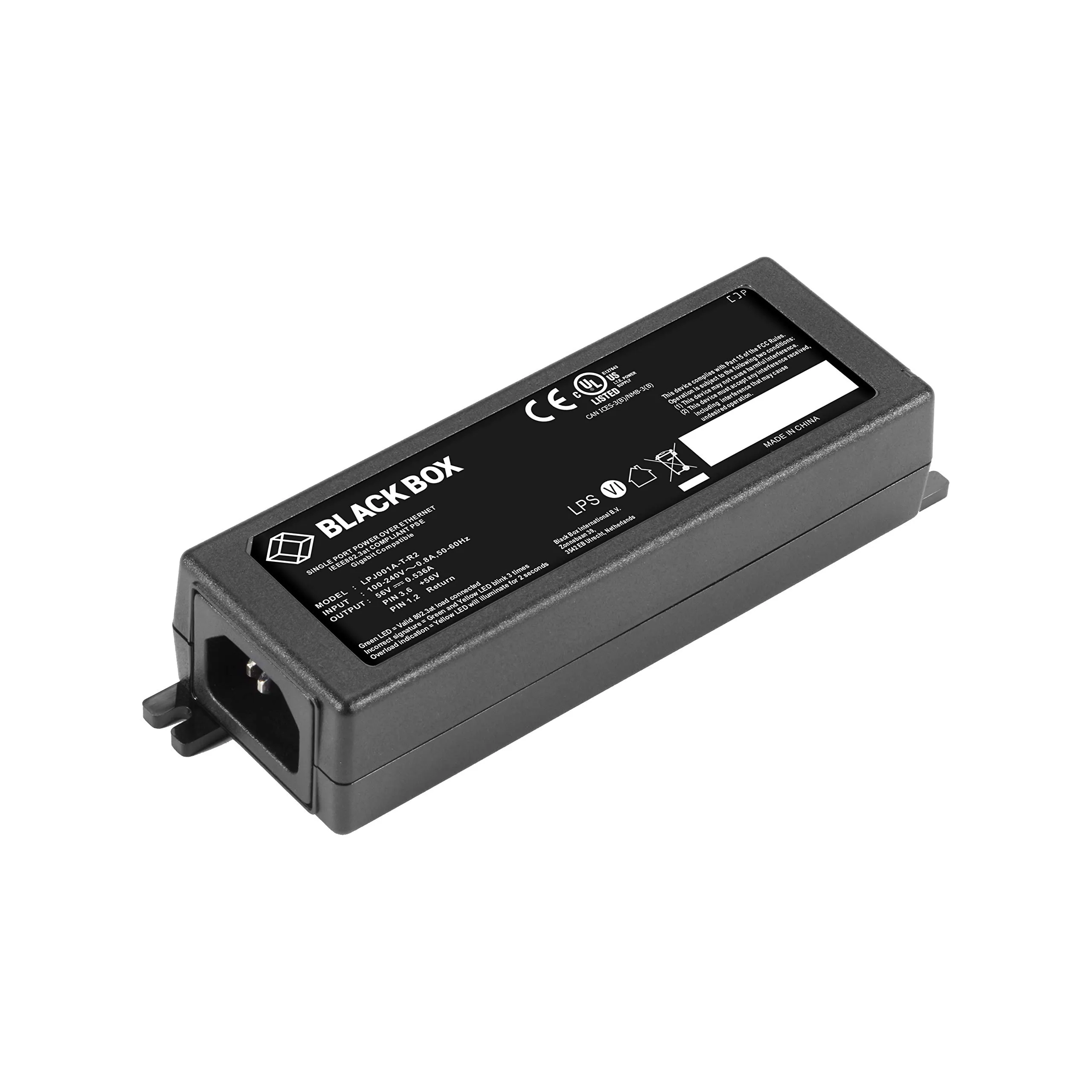 BLACK BOX CORPORATION LPJ001A-T-R2 — 1-Port Gigabit PoE+ Ethernet Injector, 802.3at Standard
