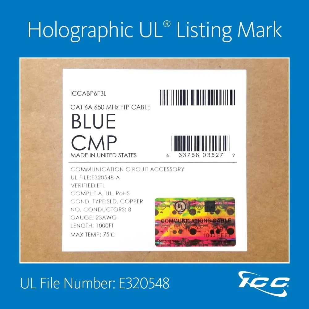 International Connectors and Cable Corp. ICCABP6FBL — Cat 6A 650 FTP Solid Cable 23G 4P CMP 1 000 FT Blue
