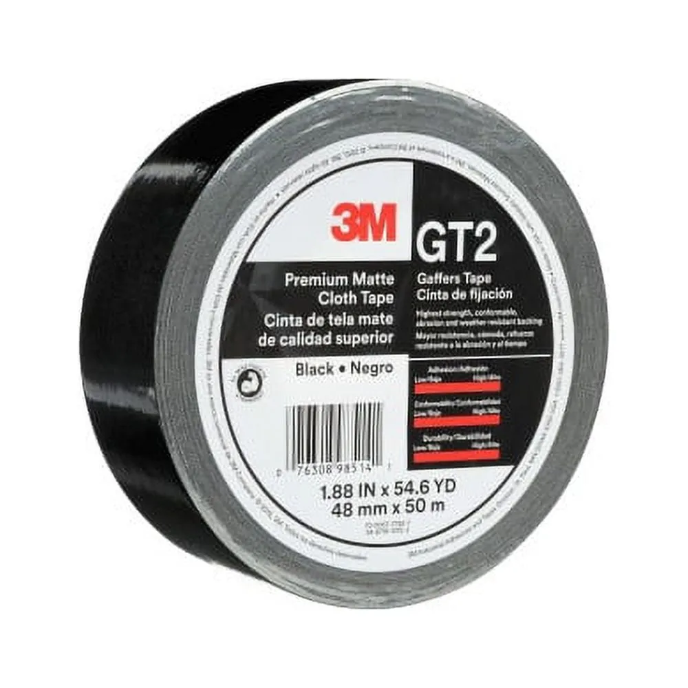 3M GT2 — 3M(TM) PREMIUM MATTE CLOTH (GAFFERS) TAPE GT2, BLACK, 48 MM X 50 M, 11 MIL