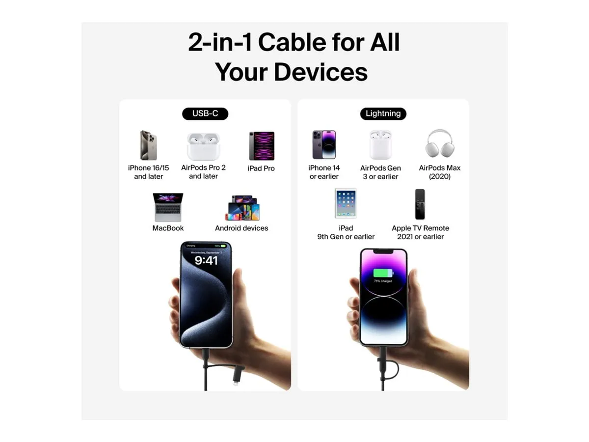 Belkin CAC003FQ1.5MBK — BRAIDED PCR 2-IN-1 USB-C TO LTG CABLE, 60W 1.5M, BLACK