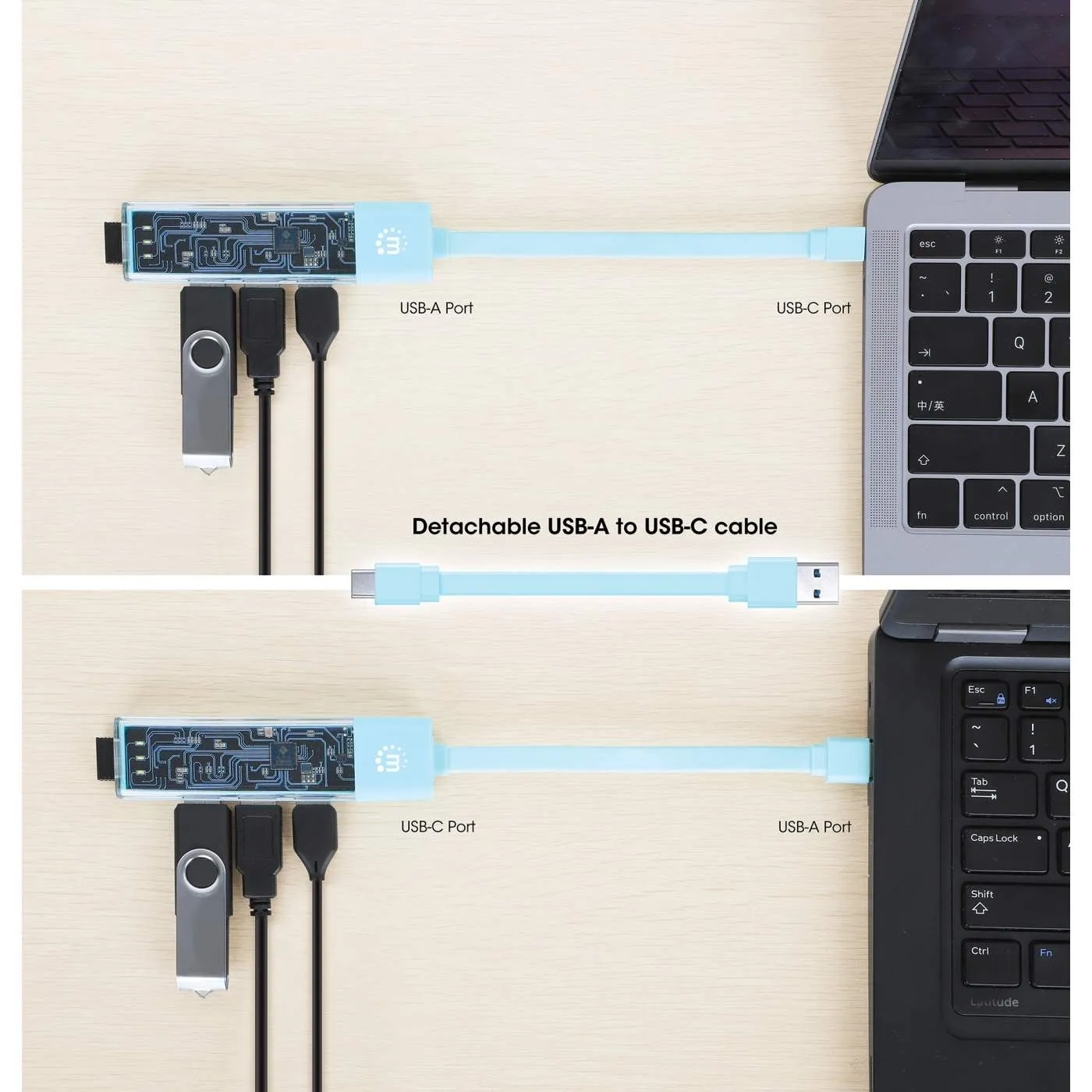 Manhattan 181020 — TRANSPARENT 4-PORT USB 3.0 TYPE-C / TYPE-A COMBO HUB