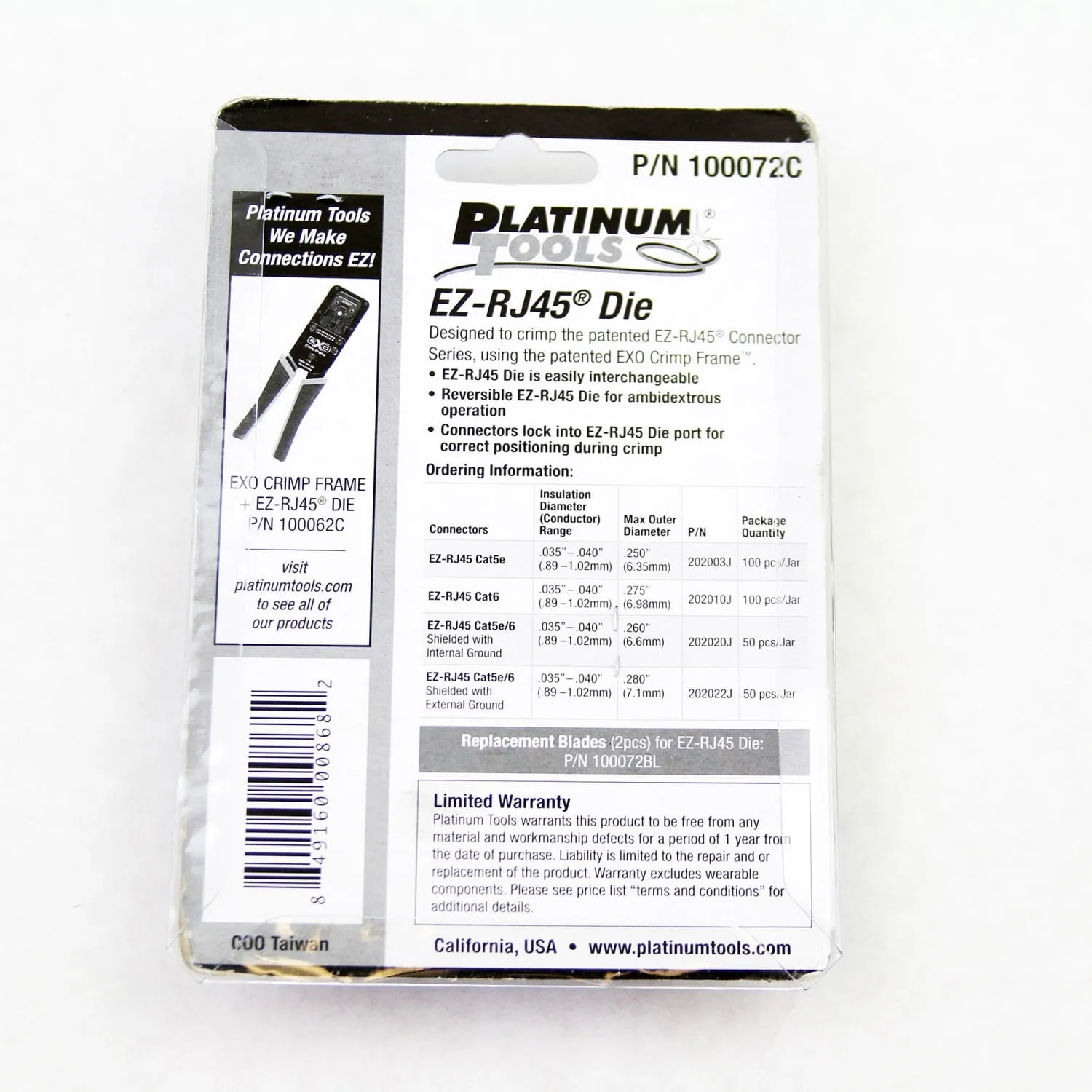 PLATINUM TOOLS 100072C — EZ-RJ45 DIE FOR EXO CRIMP FRAME, CLAMSHELL.