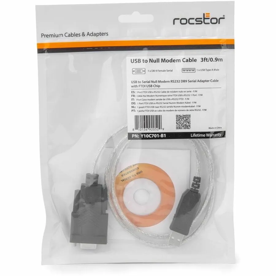 ROCSTOR Y10C701-B1 — PREMIUM 3FT (1M) USB TO SERIAL NULL MODEM RS232 DB9 SERIAL ADAPTER CABLE WITH FT