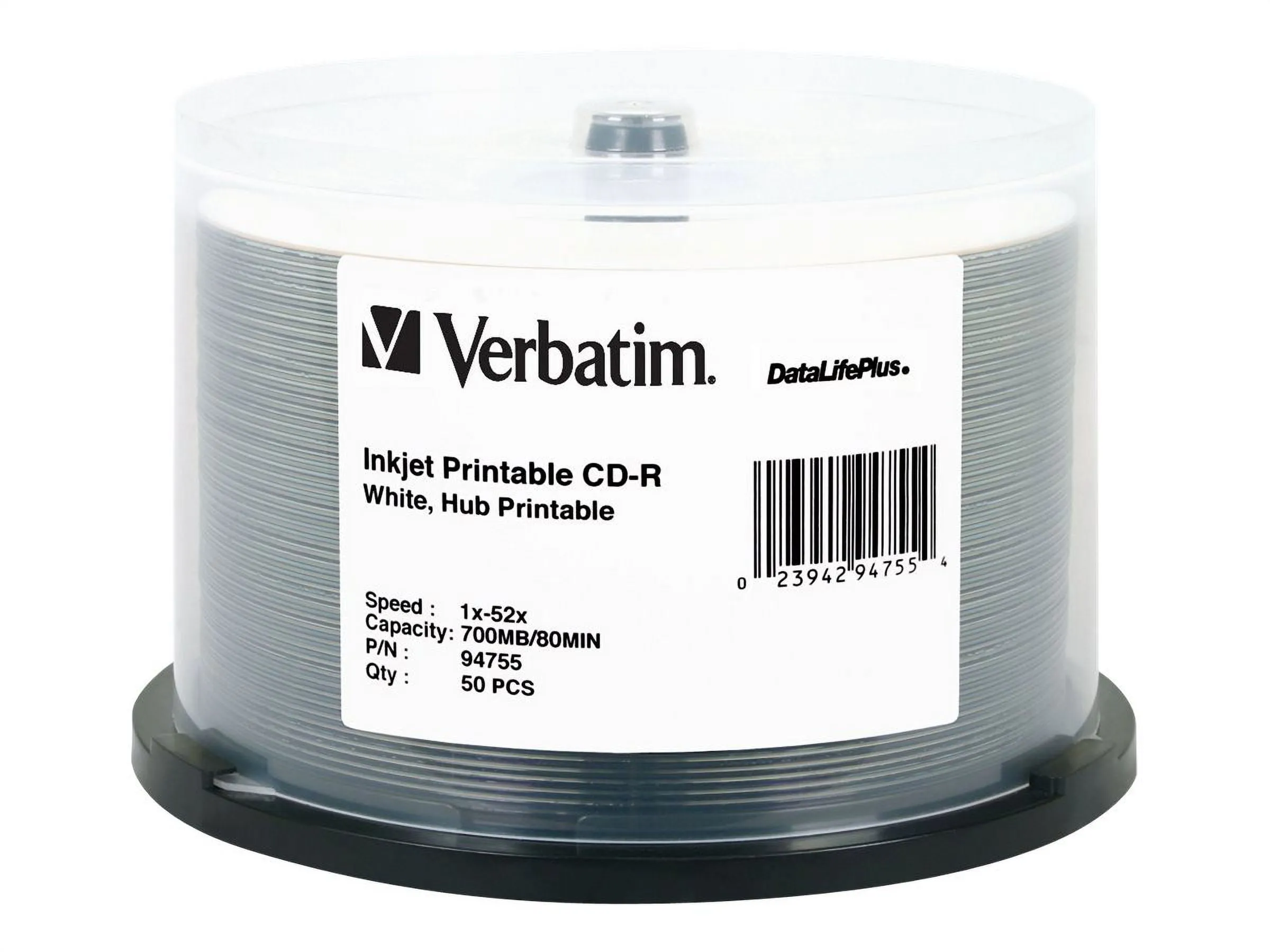 VERBATIM 94755 — 50PK CD-R 80MIN 700MB 52X WH IJ PRT HUB