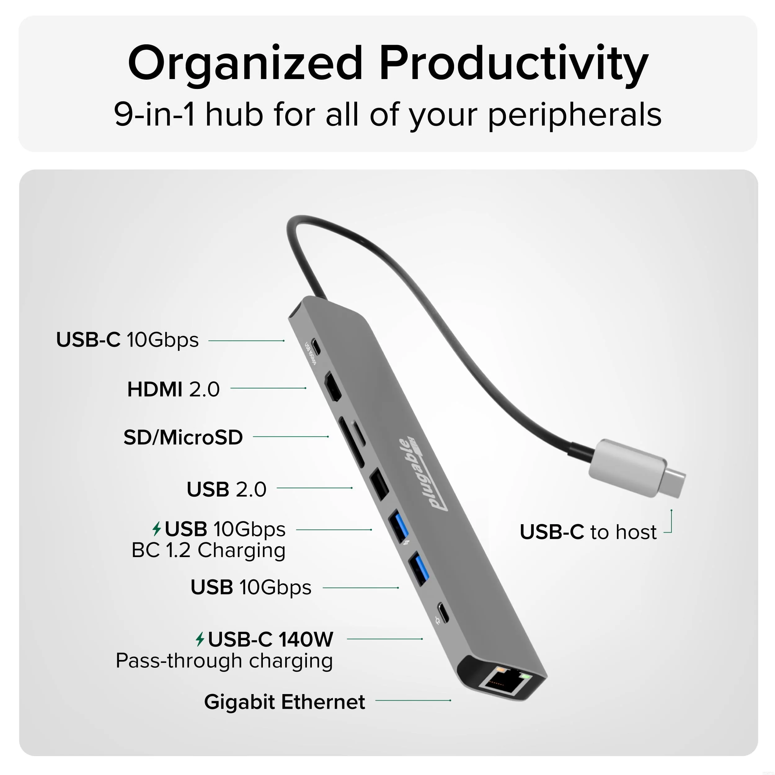 Plugable Technologies USBC-9IN1E — Plugable 9-in-1 USB-C Hub with 140W Power Delivery