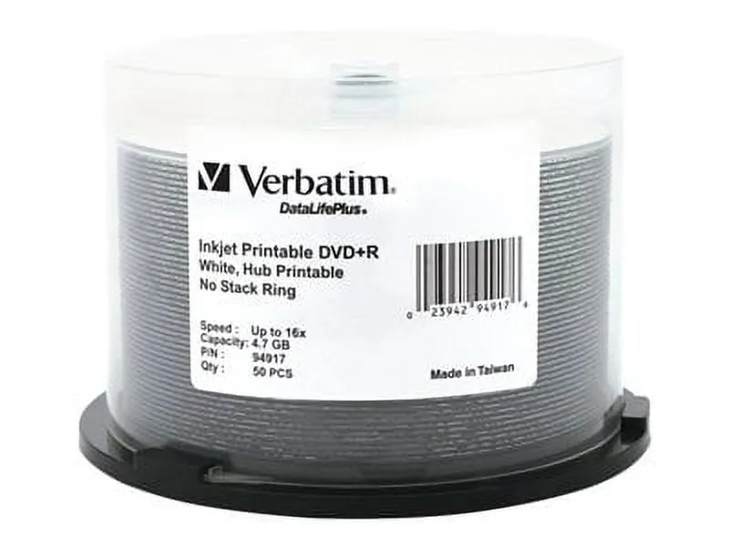 VERBATIM 94917 — DISC, DVD+R, 4.7GB, 16X, WHT IJ HUB PRINTABLEDATALIFEPLUS, 50/PK
