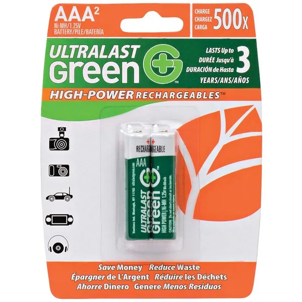 ULTRALAST PEDOTULGHP2AAA — Ultralast ULGHP2AAA Green High-Power Rechargeables AAA NiMH Batteries, 2 pk