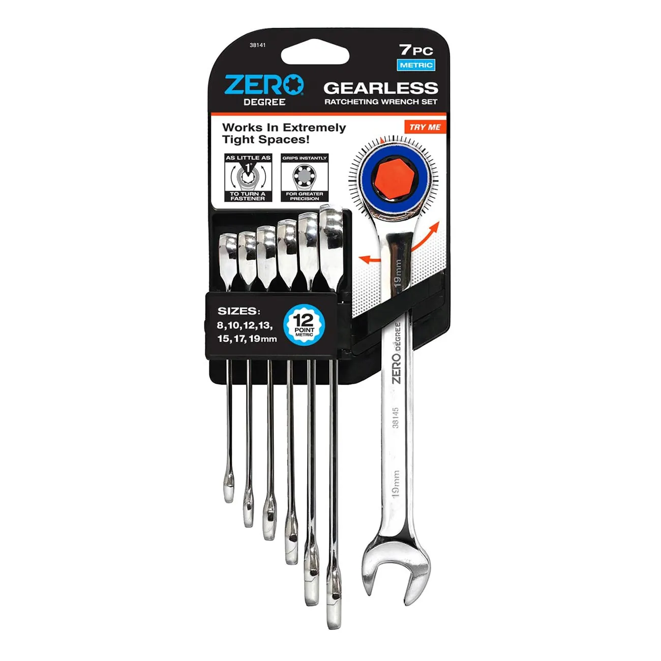 ZERODEGREE 38141 — 7-Piece Zero Degree Metric Gearless Ratchet Wrench Set