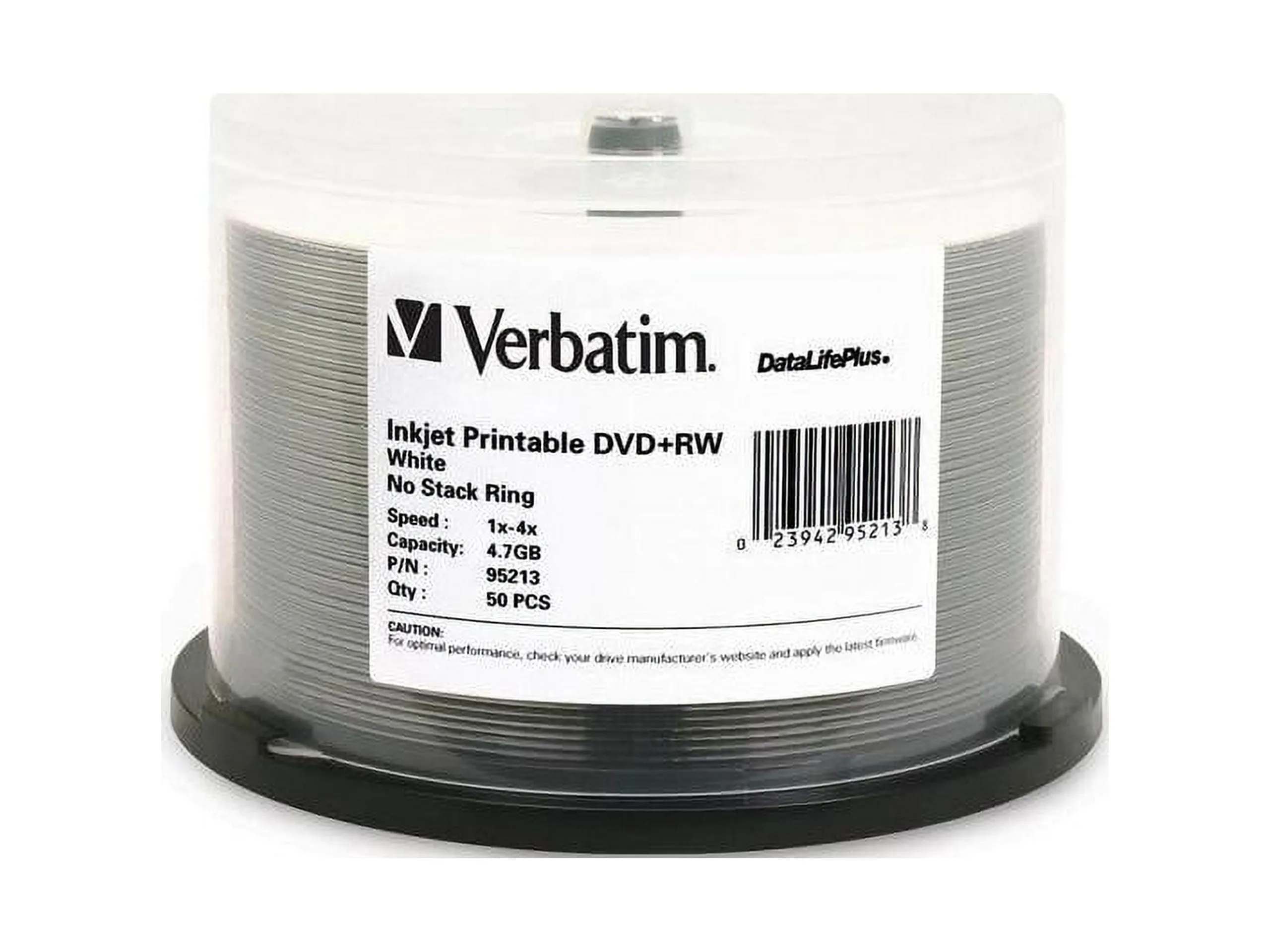 VERBATIM 95213 — Verbatim DVD+RW, 95213, 4.7GB, 4X, DataLifePlus White Inkjet, 50PK Spindle, TAA