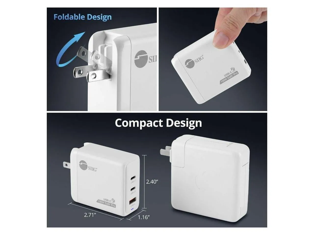 Siig AC-PW1Z11-S1 - SIIG 100W GaN PD Combo Charger - 2x USB-C, 1x USB-A
