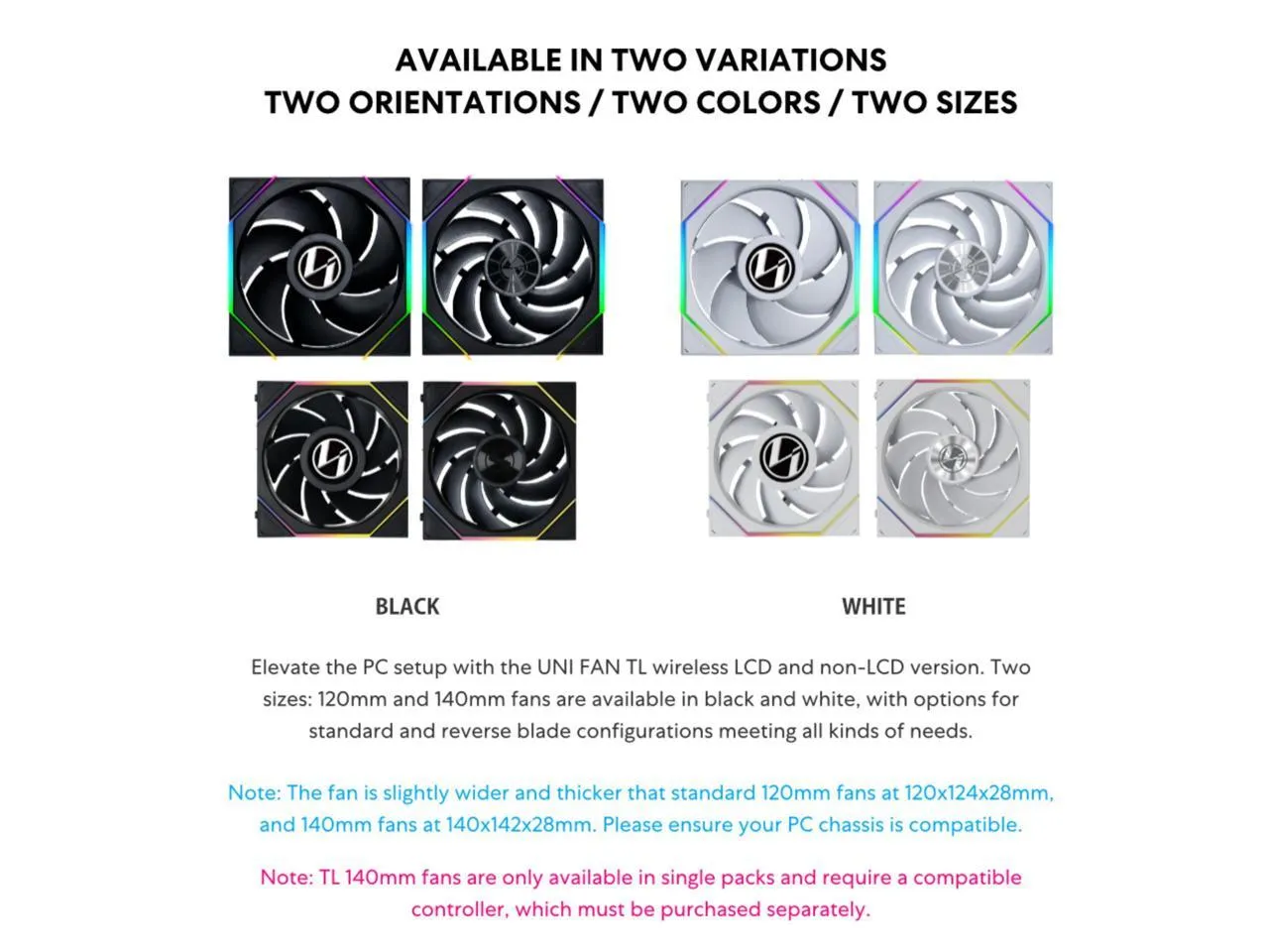 LIANLI 14RTL1W1B - Lian-Li 140mm RGB Fan - Fluid Dynamic Bearing - PWM Control