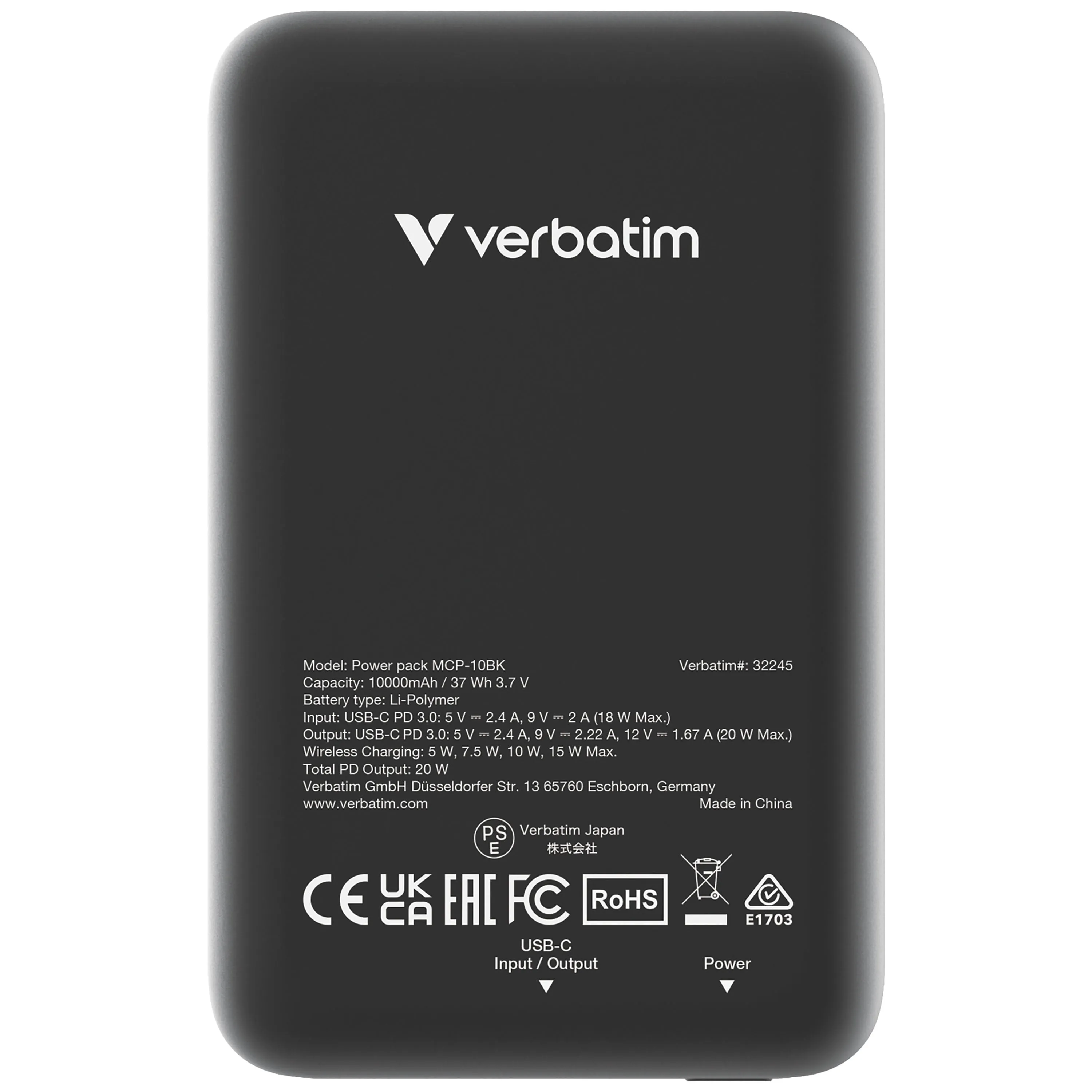VERBATIM 32245 — CHARGE N GO MAGNETIC WIRELESS POWER BANK 10000 MAH - BLACK
