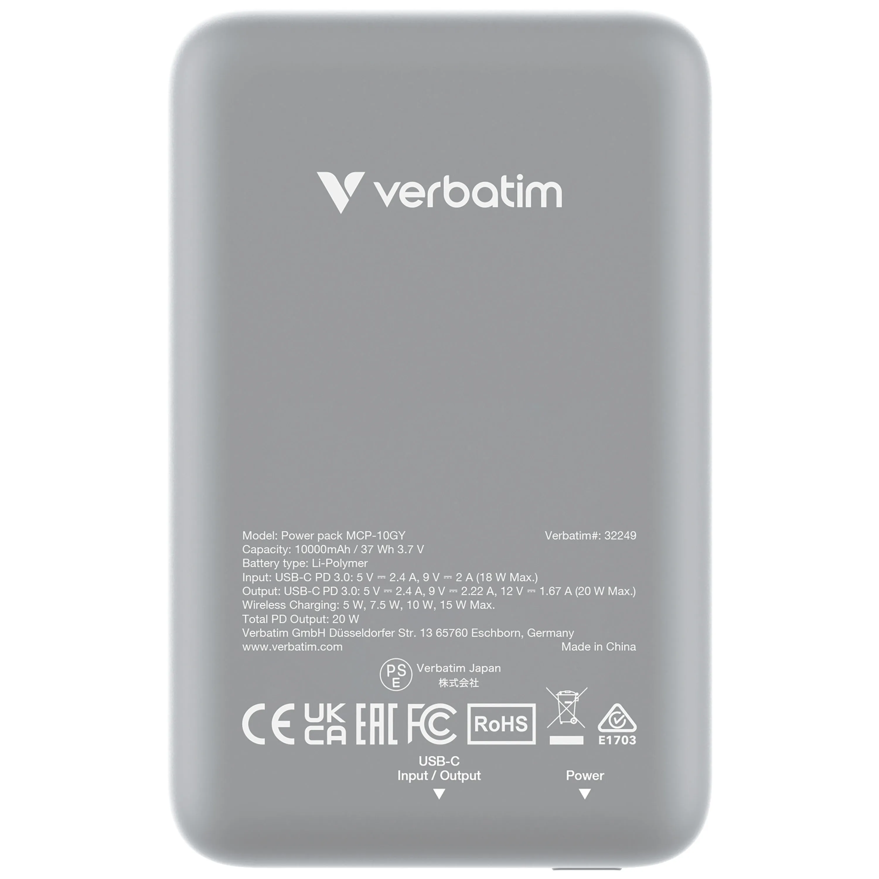 VERBATIM 32249 — CHARGE N GO MAGNETIC WIRELESS POWER BANK 10000 MAH - GREY