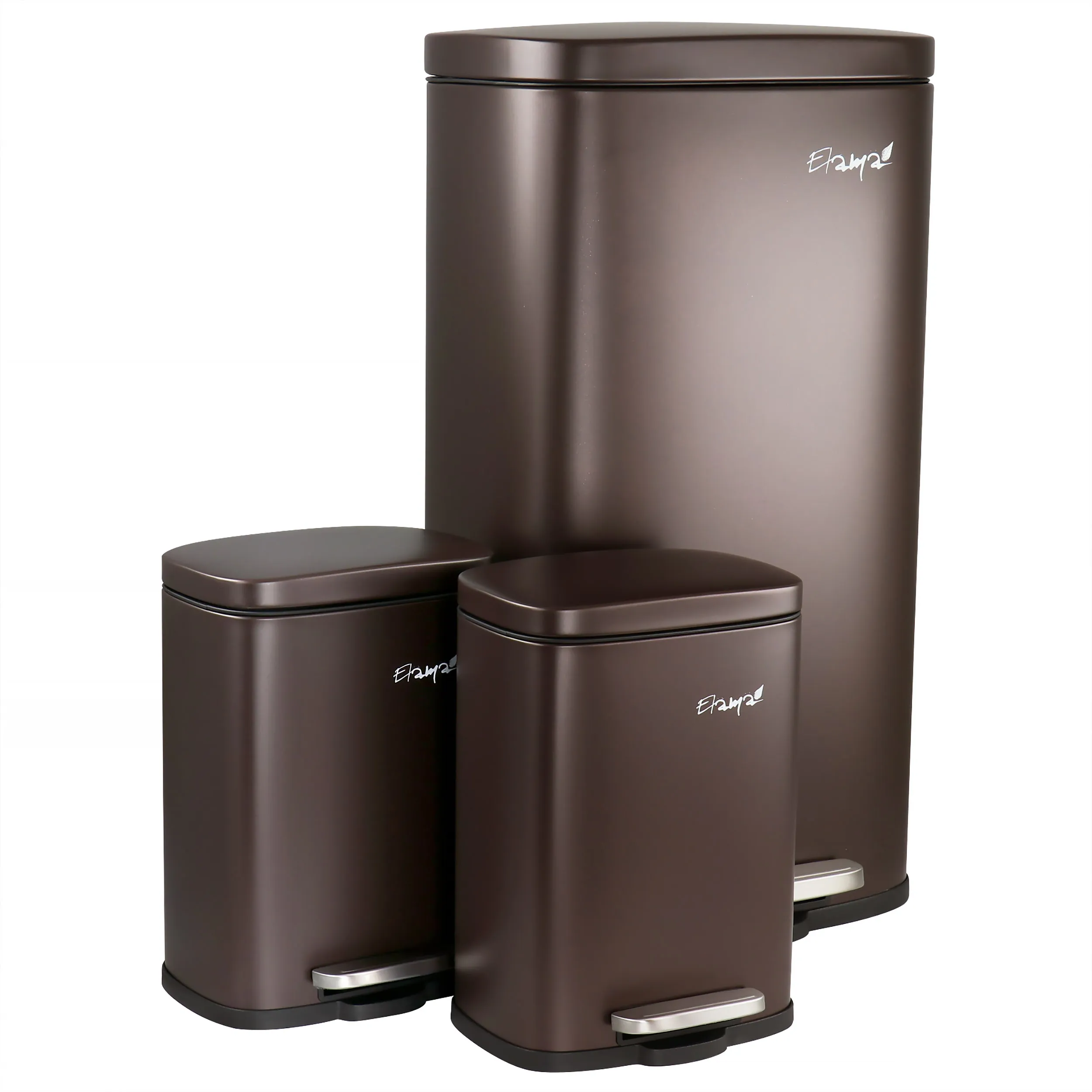 ELAMA EL-H8-30L-3 — Elama 3 Piece 8 Gallon and 1.3 Gallon Stainless Steel Step Trash Bin Combo Set with Slow Close Mechanism in Matte Bronze
