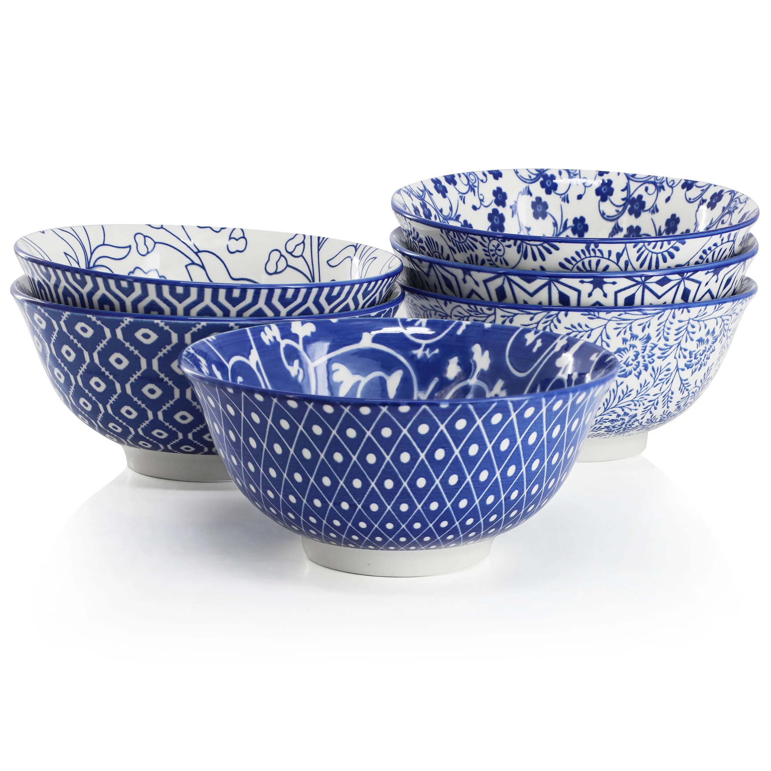 ELAMA ELM-MOXY-6-BOWL — Elama Moxy 6 Piece Assorted Design 20oz Porcelain Footed Bowl Set in Blue