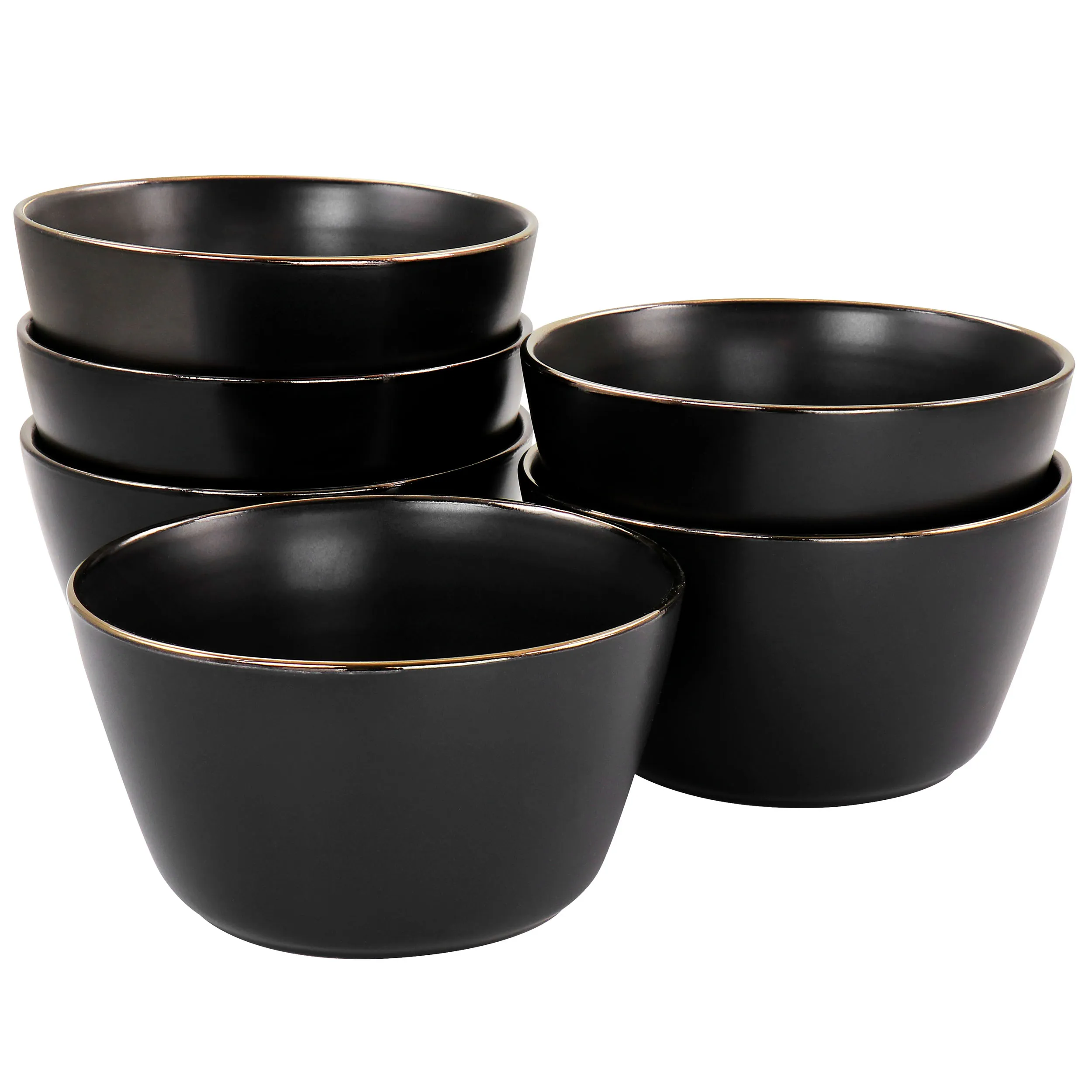 ELAMA ELM-PAUL6B — Elama Paul 6 Piece Stoneware Bowl Set in Matte Black with Gold Rim