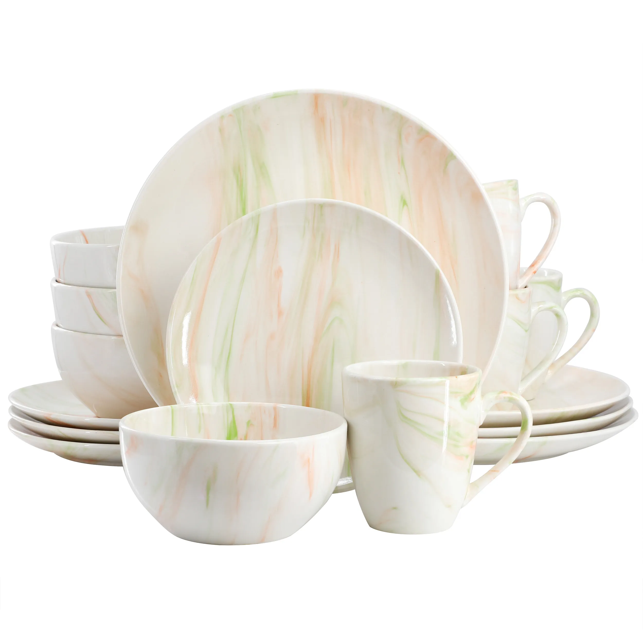ELAMA EL-FINEMARBLE-OG — Elama Fine Marble 16 Piece Porcelain Dinnerware Set in Orange and Green