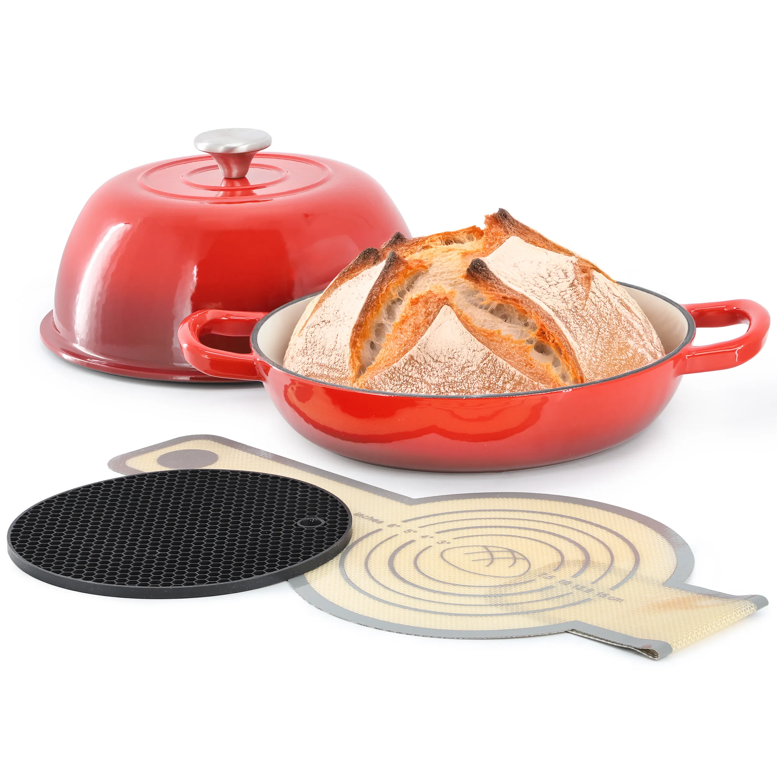 MegaChef MC-CIBP100-R — MegaChef 6 Quart Enameled Cast Iron Bread Pot in Red with Baking Mat