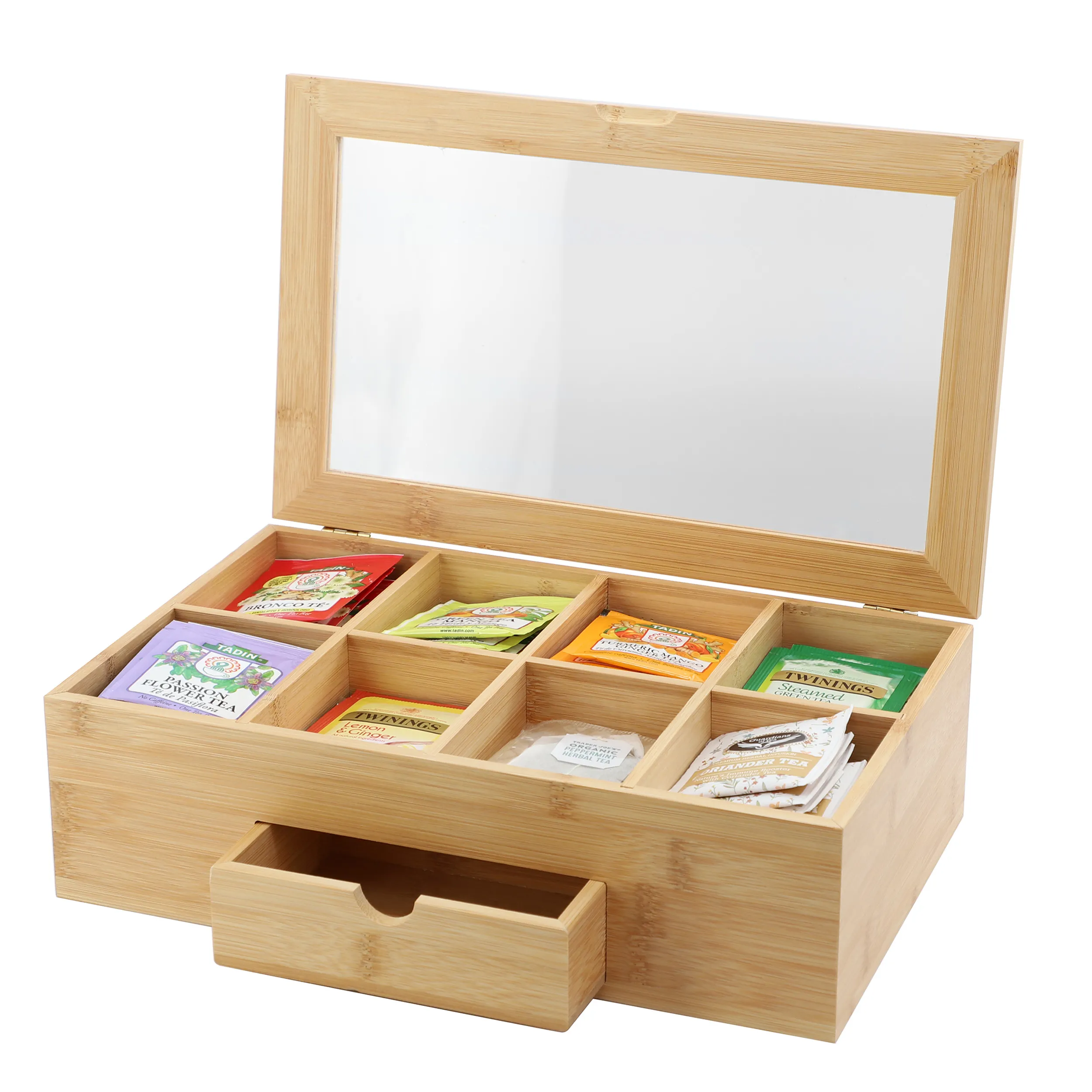 MegaChef MC-B104 — MegaChef 13 x 8 Inch Bamboo Tea Box Organizer with Acrylic Top Window