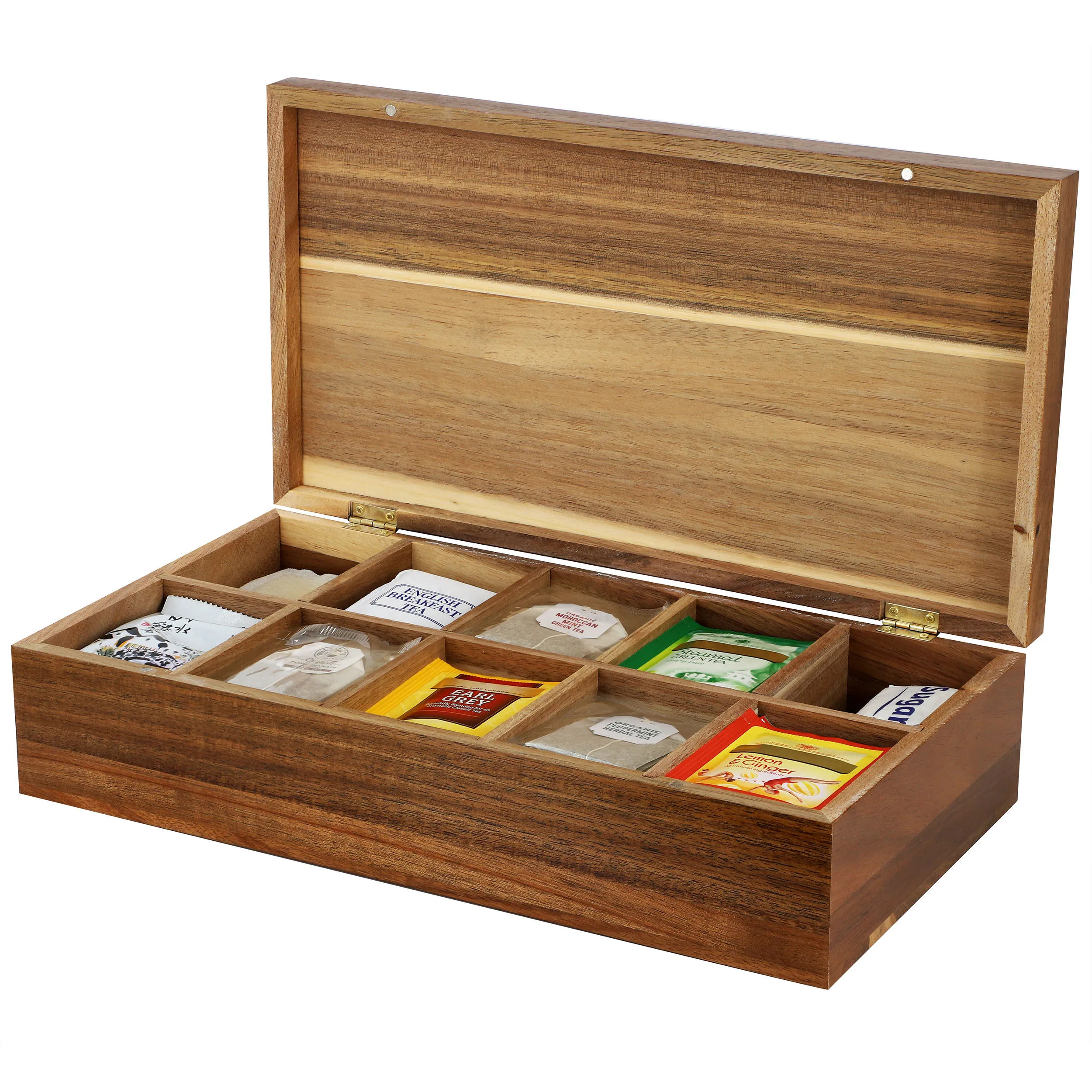 MegaChef MC-A122 — MegaChef Acacia Wood 14.25 x 7.5 Inch 10 Compartment Tea Box