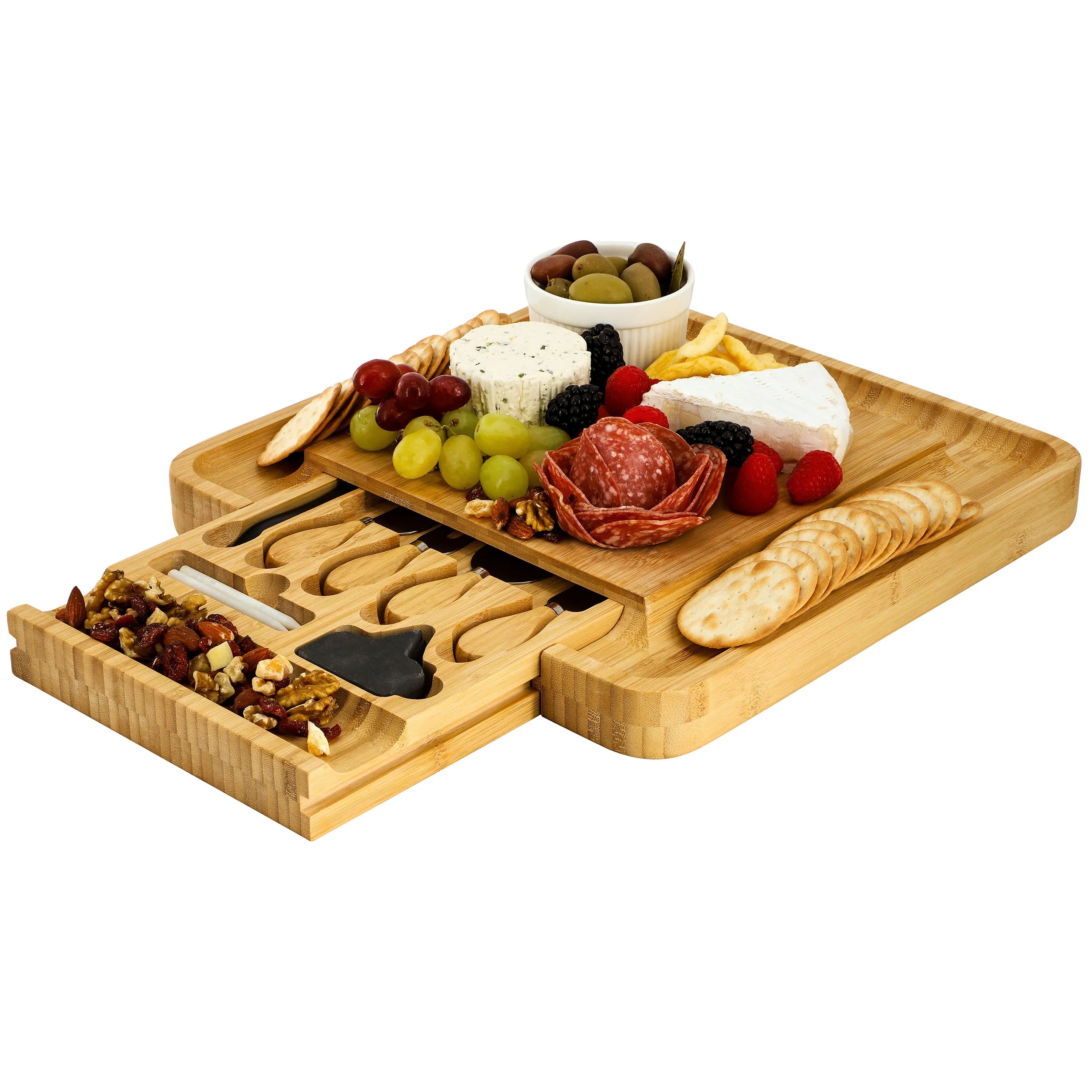 MegaChef MC-B103 — MegaChef Bamboo Charcuterie Cheese Board with Slide Out Drawer with Cheese Utensils, Bottle Opener, and 3 Piece Mini Chalkboard Set