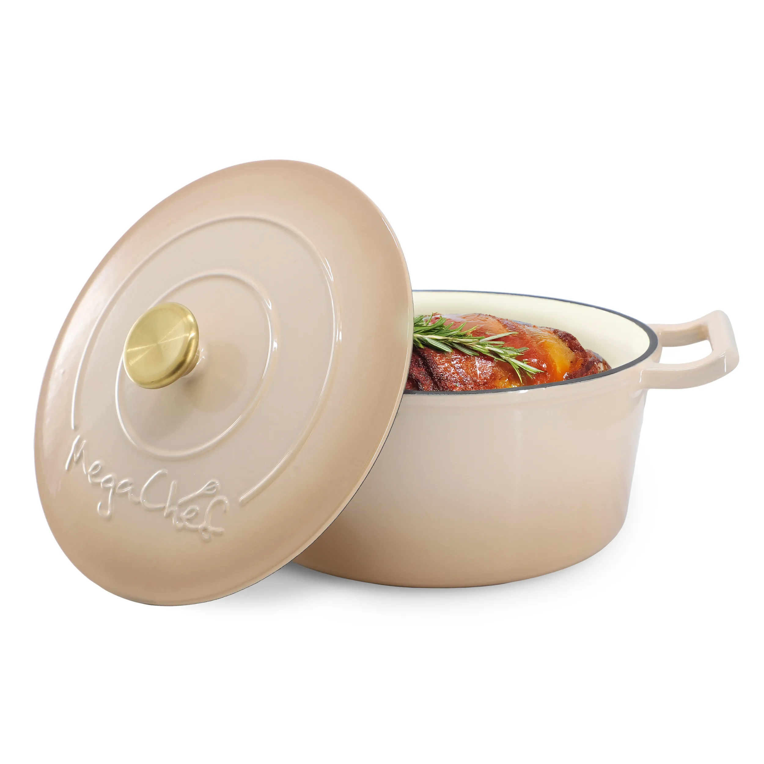 MegaChef MG-CR26Q-PB — MegaChef 5.3 Quarts Round Enameled Cast Iron Casserole with Self Basting Lid in Peanut Butter