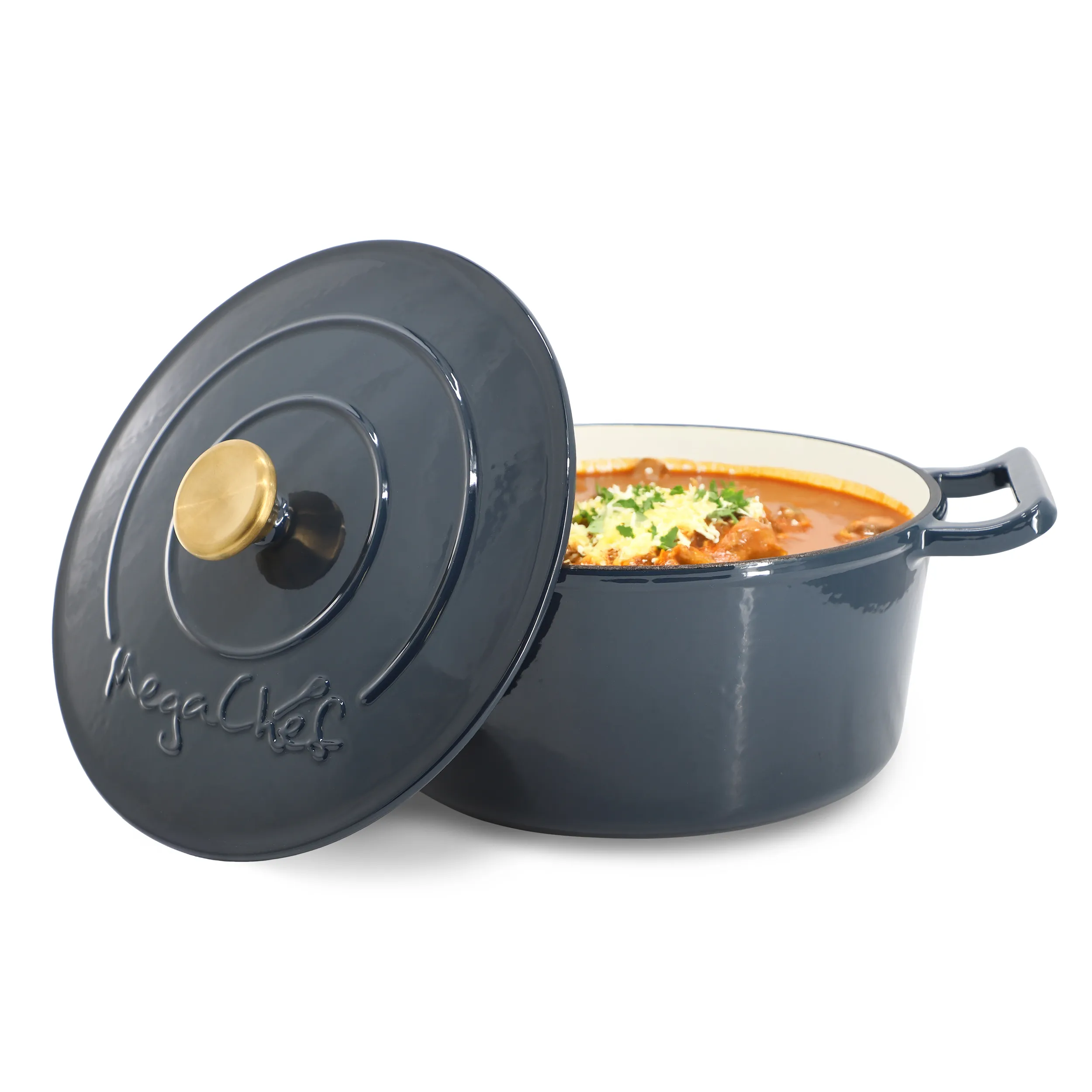 MegaChef MG-CR26Q-B — MegaChef 5.3 Quarts Round Enameled Cast Iron Casserole with Self Basting Lid in Gradient Dark Blue